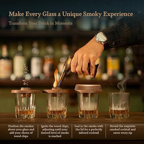Miniatura 2 de Kit de ahumador de whisky de cóctel con antorcha, caja de madera y soporte  Ahumador de nogal de Estados Unidos premium y virutas de madera natural
