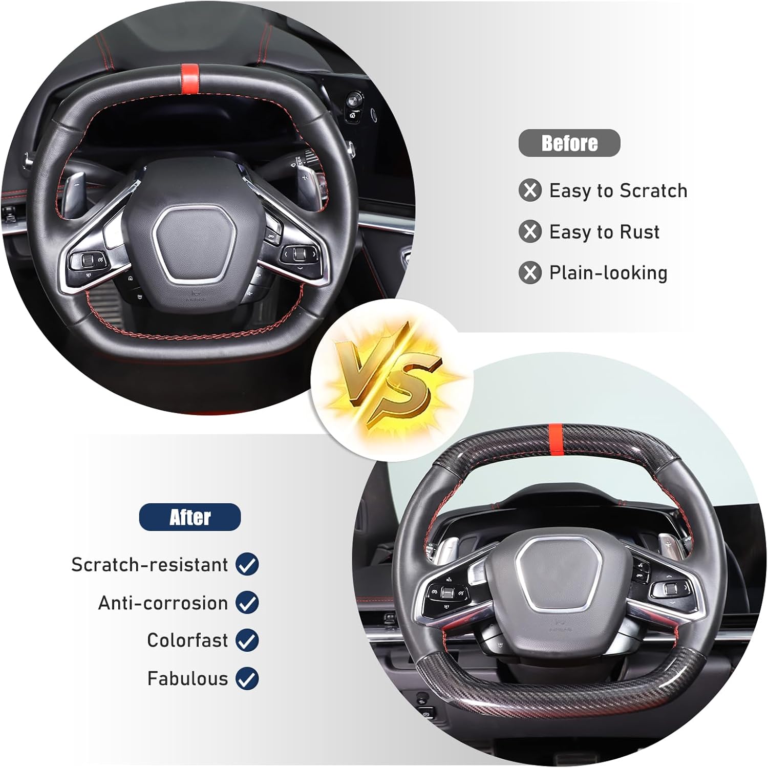 Steering Wheel Cover Trim Compatible with Chevrolet Corvette C8 2020-2026 100% Real Carbon Fiber 4PCS,Steering Wheel Circle Round Cover,Interior Protection Accessories (Black Carbon-Red)