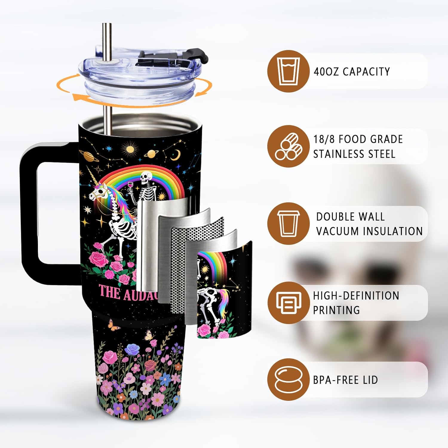 DUUV 40 Oz Funny Skull Tumbler, Funny Witchy Gifts for Women Tarot Lovers, Ghost Design Mug, the Audacity Skull Tumbler for Valentine‘s Day, Gifts for Daughter Girlfriend, Skeleton Cup Black, 1PCS - Image 4