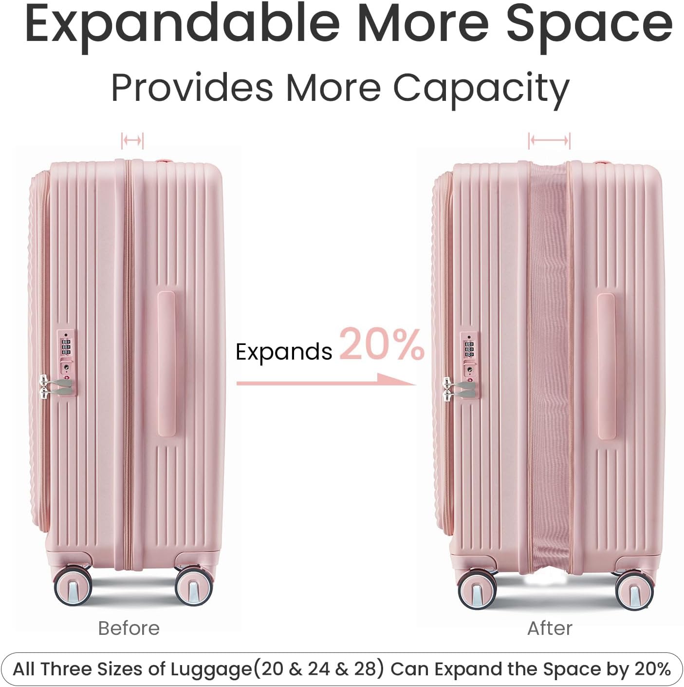 Campfun Luggage 3 Piece Sets, PC Lightweight 20in/24in/28in Luggage, Expandable Carry On Suitcase Set with TSA Lock & Double Wheels, Front Open Hardshell Luggage Sets with PVC Cover, Pink