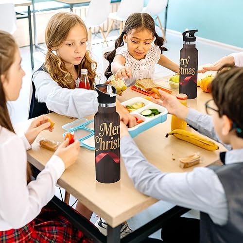 Miniatura 6 de Merry Christmas Text Wood Pattern BPA-Free Leak Proof Reusable Water Bottle With Straws Leak-proof Double-Wall Vacuum Insulation for Travel,