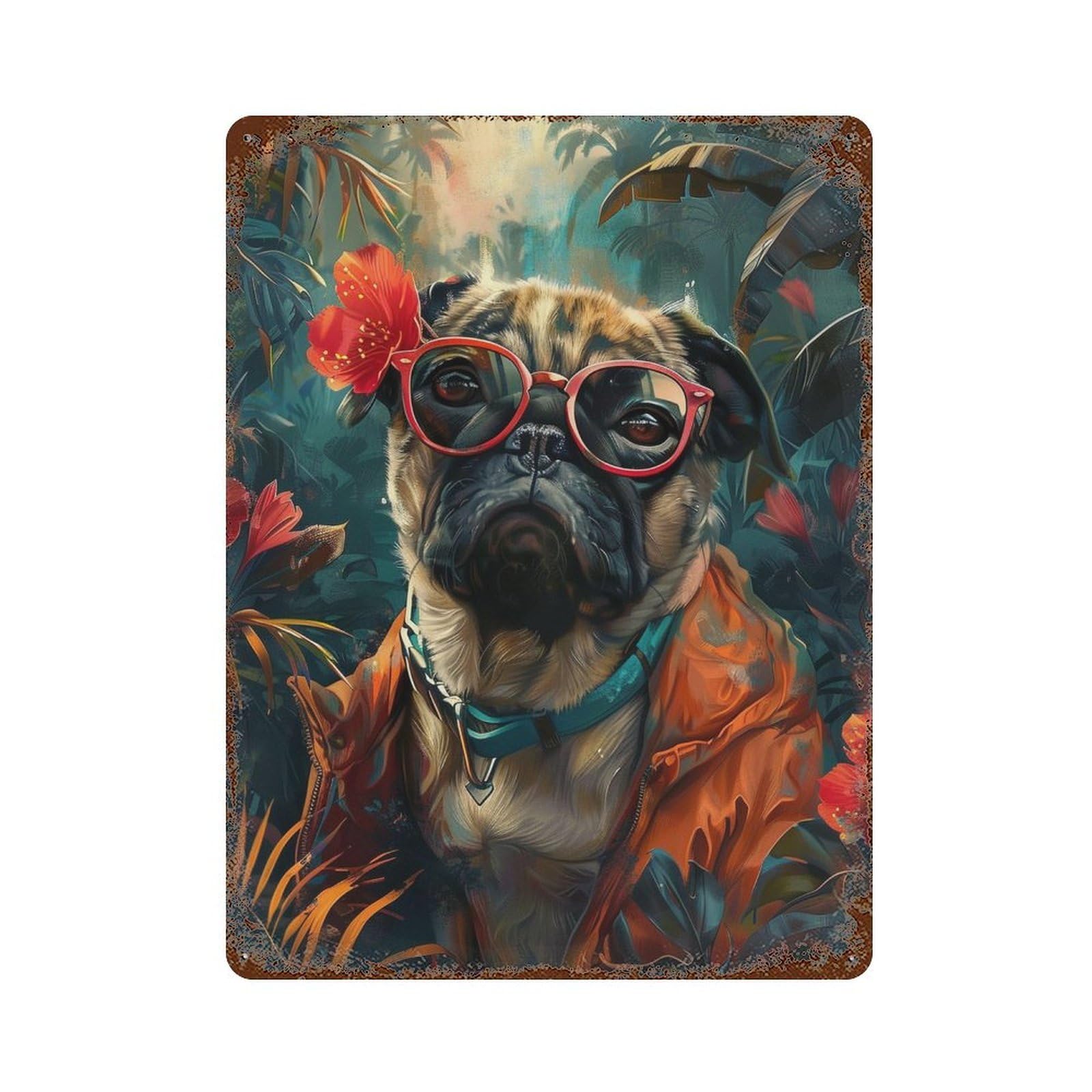Tropical Pug in Sunglasses Distressed Metal Wall Sign 15.7"x11.8", Ideal for Cafe, Home Bar And Lounge Decor