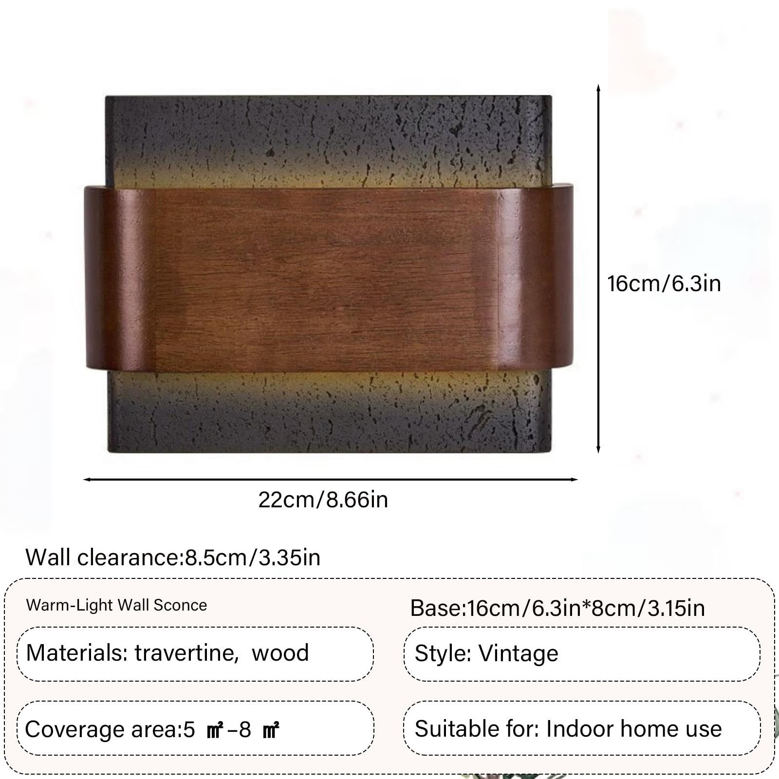 Aplique rectangular estilo japonés vintage con pantalla de travertino