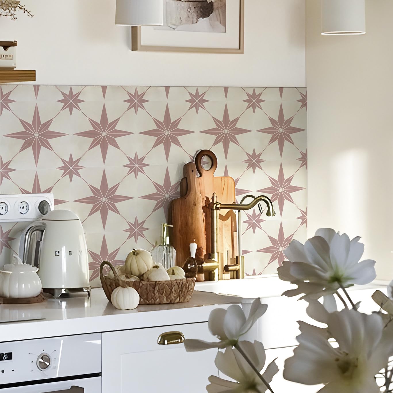 Alwayspon Pink Self-Adhesive Vinyl Floor Wall Tile Stickers, 10Pcs 20cm/8inch Peel and Stick on Tiles Transfer Vinyl Flooring Waterproof Splashback for Kitchen Bathroom