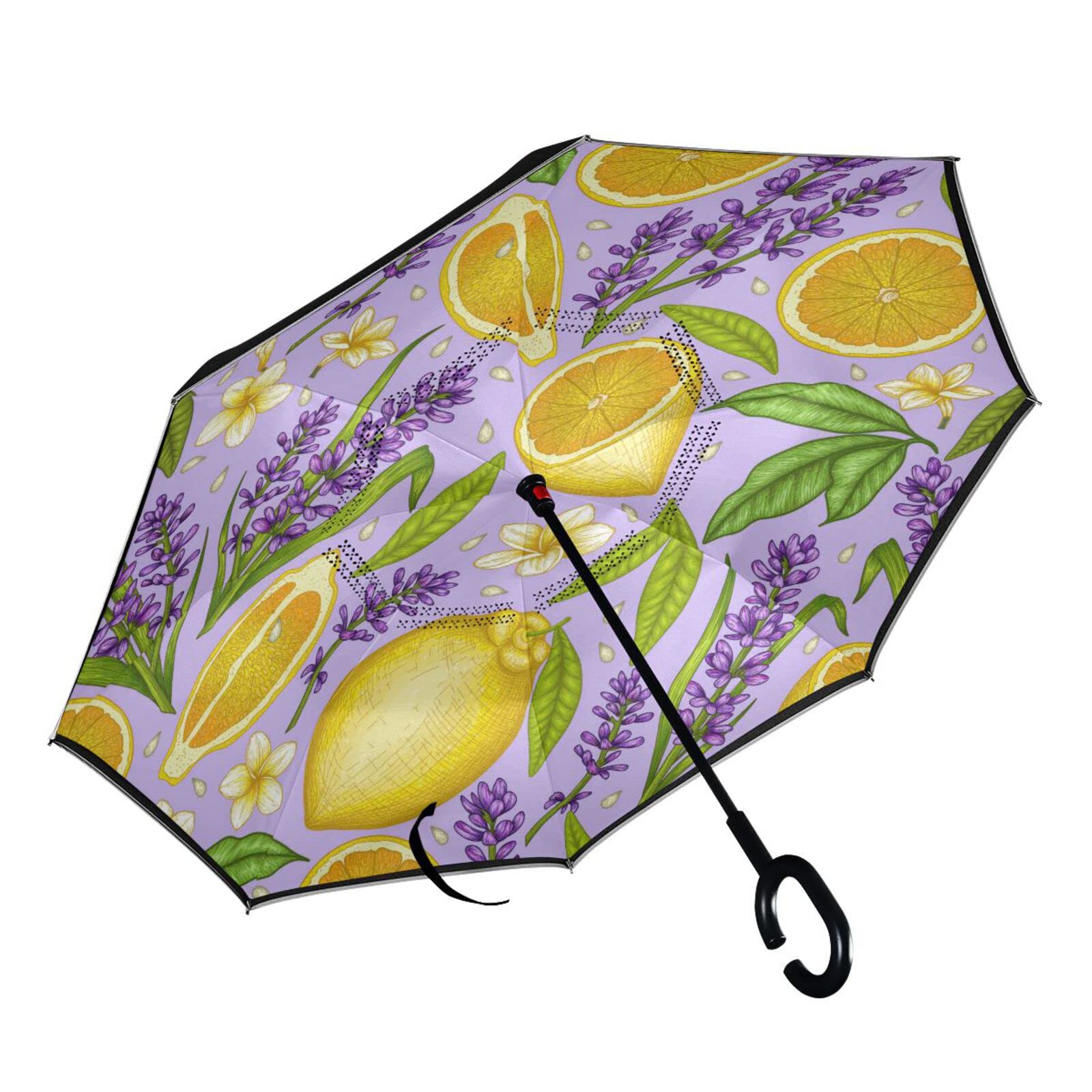 MNSRUU Doble capa invertida amarillo limón lavanda paraguas coches reversa viento lluvia paraguas para coche exterior con mango en forma de C, protección UV a prueba de viento, Multi, L