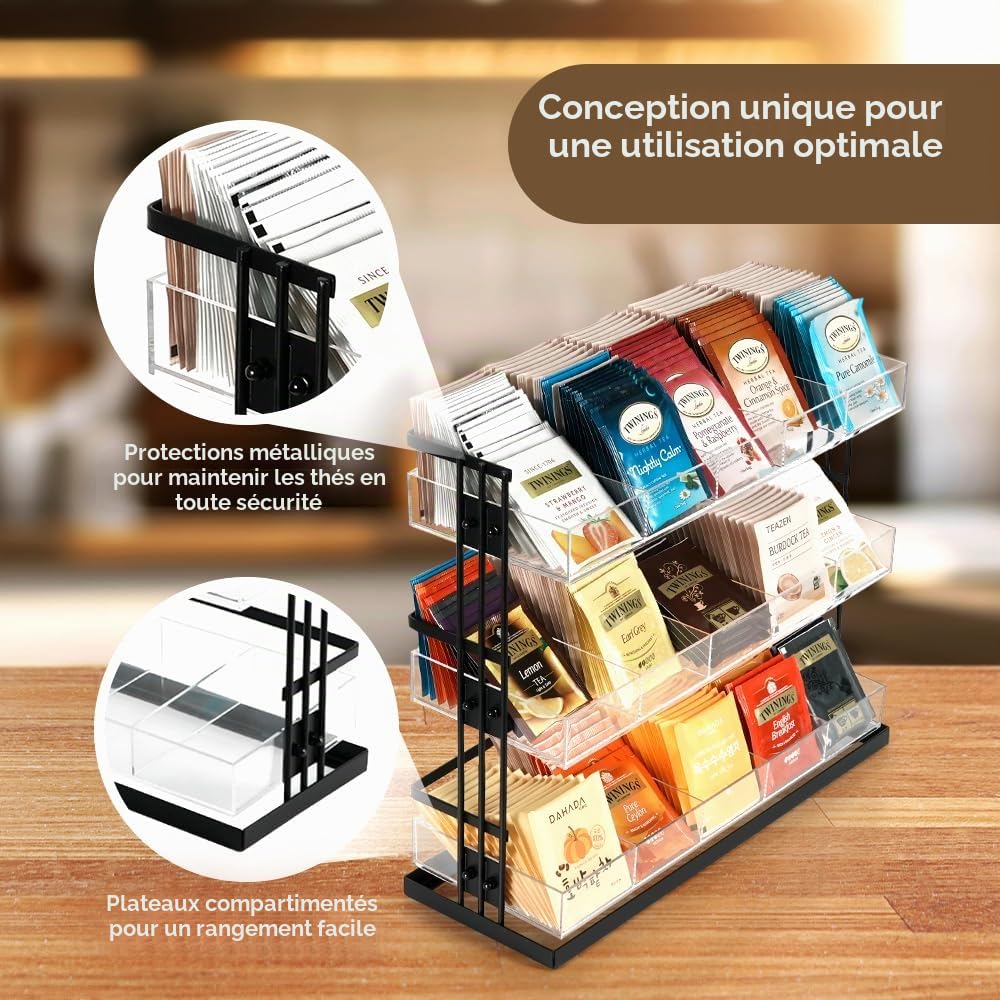 J JACKCUBE DESIGN Organiseur de sachets de thé en acier et acrylique à 3 niveaux, 15 compartiments pour sachets de thé, sachets de sucre, support de rangement pour armoire, comptoir, bureau (noir