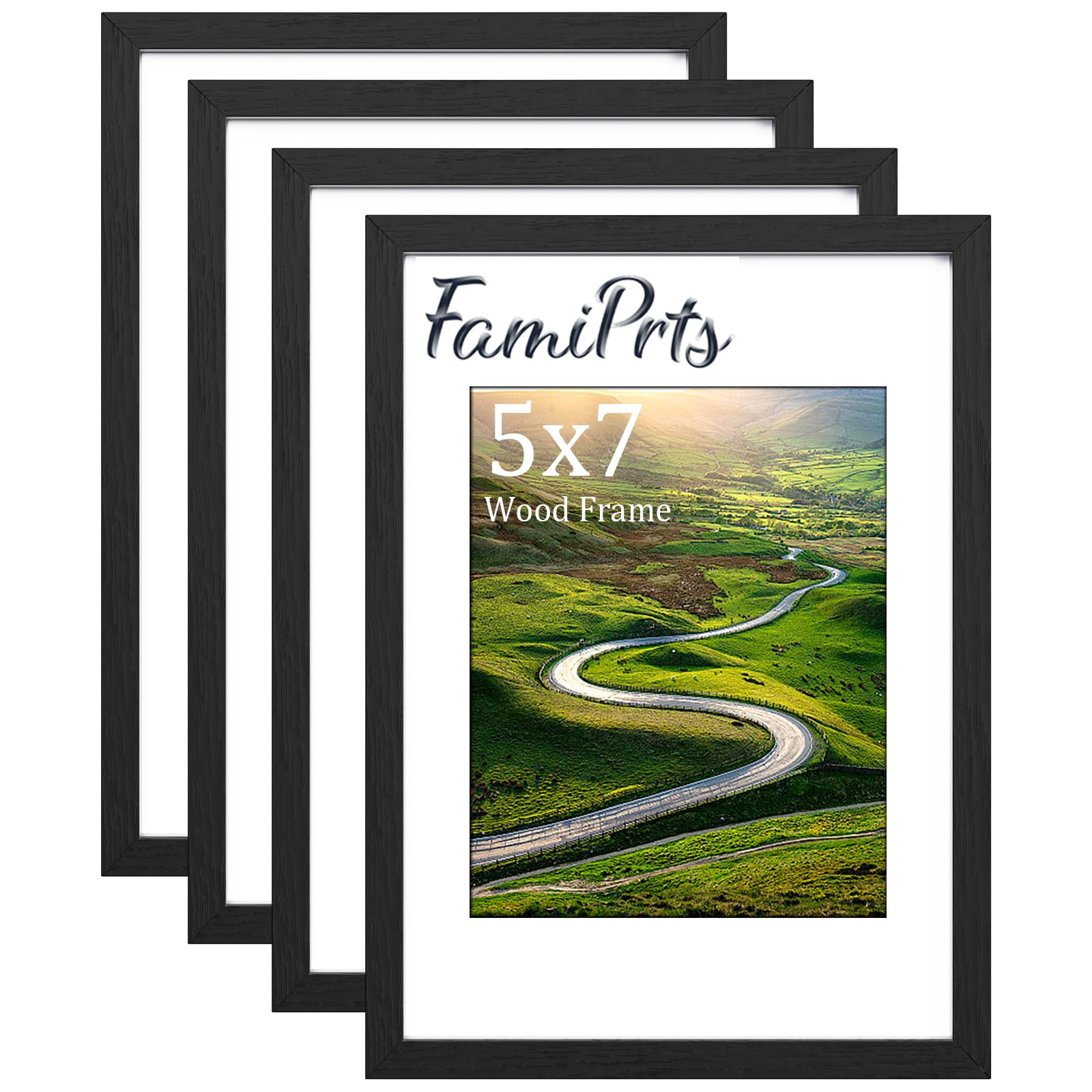 FamiPrts4Pack 5x7 Picture Frame, Wooden 5x7 Frames, Versatile Black Frame, Dual Orientation (Landscape/Portrait), Includes Wall Hooks - Wall Mount and Desktop for Home, Office, Gallery