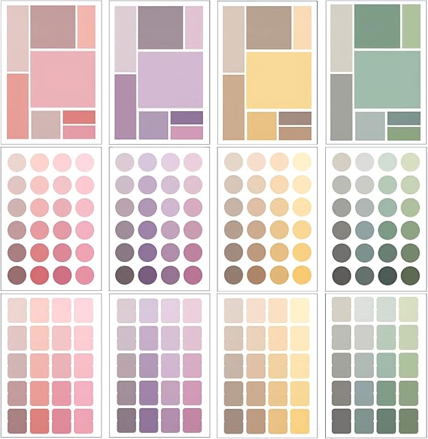 BLMHTWO 16 Sheet Scrapbook Stickers Color Coding Sticker Labels Dots Labels Stickers Square Labels Stickers for Arts DIY Crafts Album Journal Scrapbook Card Gift Wrapping (4 Theme Colors)