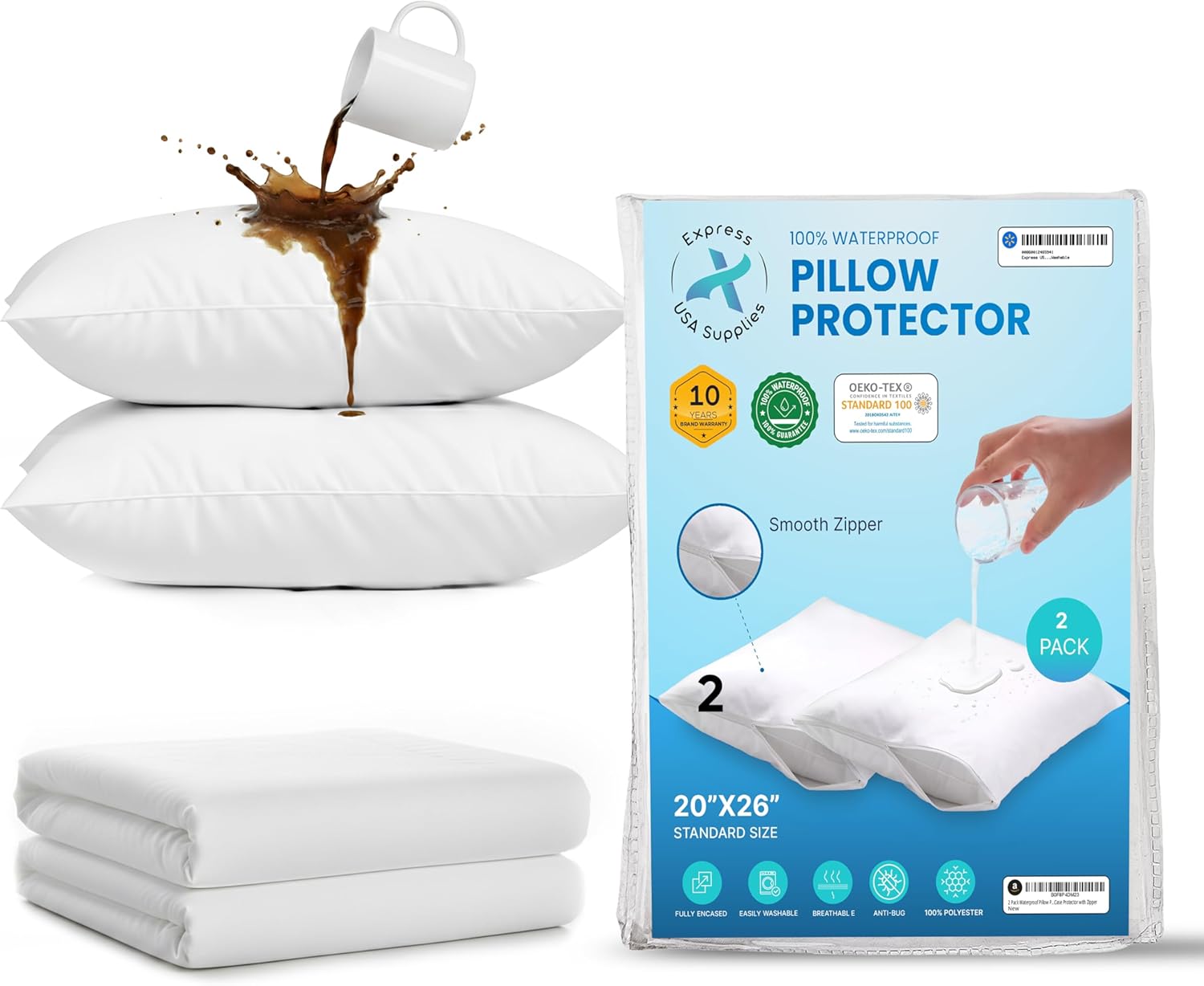 2 Pack Waterproof Pillow Protectors (Queen/Standard 20x28) + King Size Mattress Encasement (12–16 in Deep) | 100% Waterproof, Breathable, Zippered 6-Sided Mattress Cover & Pillow Case Protectors – Bed