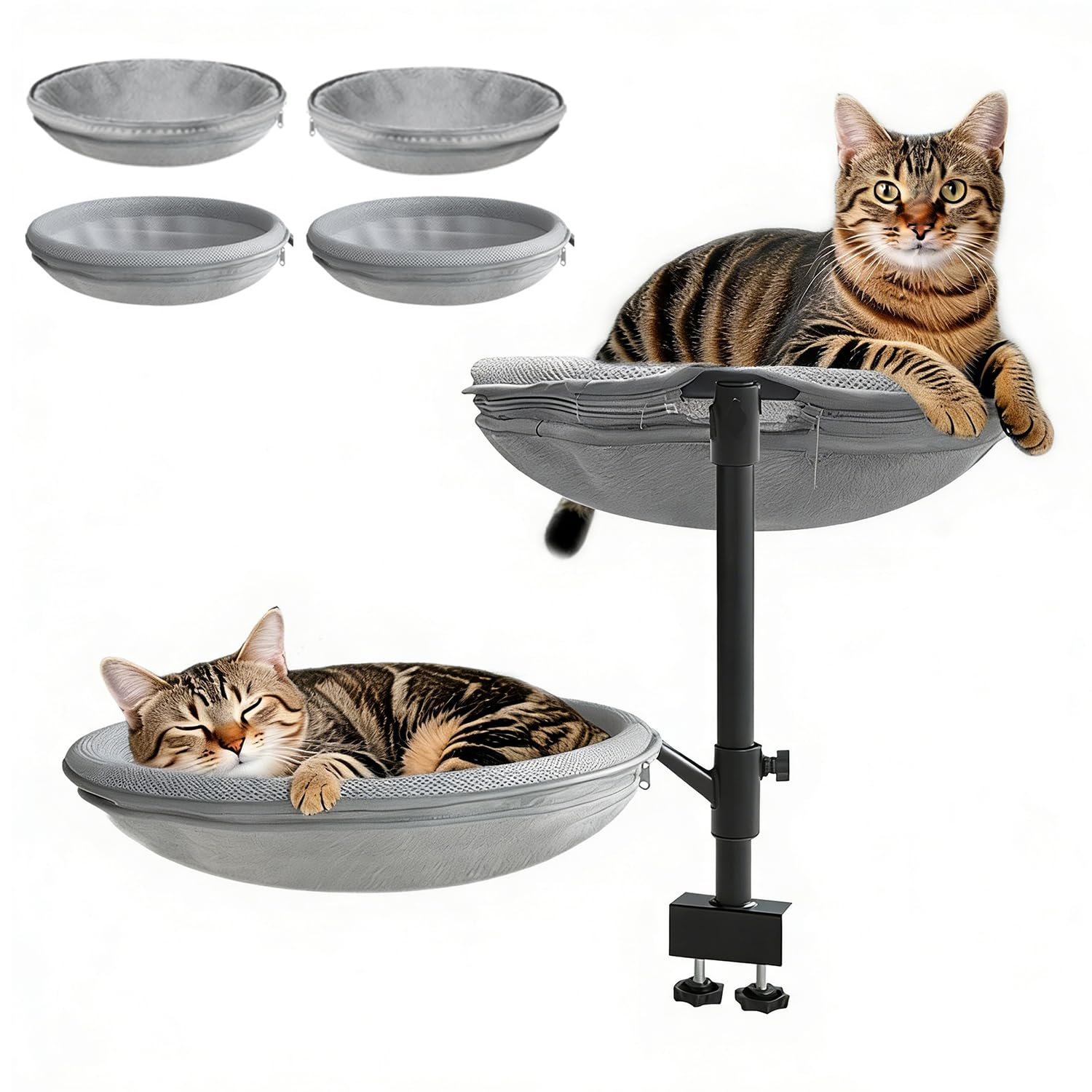 Hamaca para Gato Giratoria 360°, Altura Ajustable, con 4 Fundas Extraíbles y Lavables, Utilizable En Todas Las Estaciones, Cama para Gato (Gris), Capacidad Máxima De 28 Libras