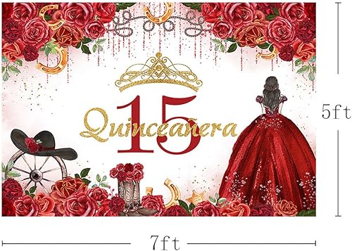 Miniatura 3 de MEHOFOND Telón de fondo de quinceañera de cumpleaños de 15 para niña, dulce de 15 años, corona floral roja, fondo de fotografía, fondo de fotografía