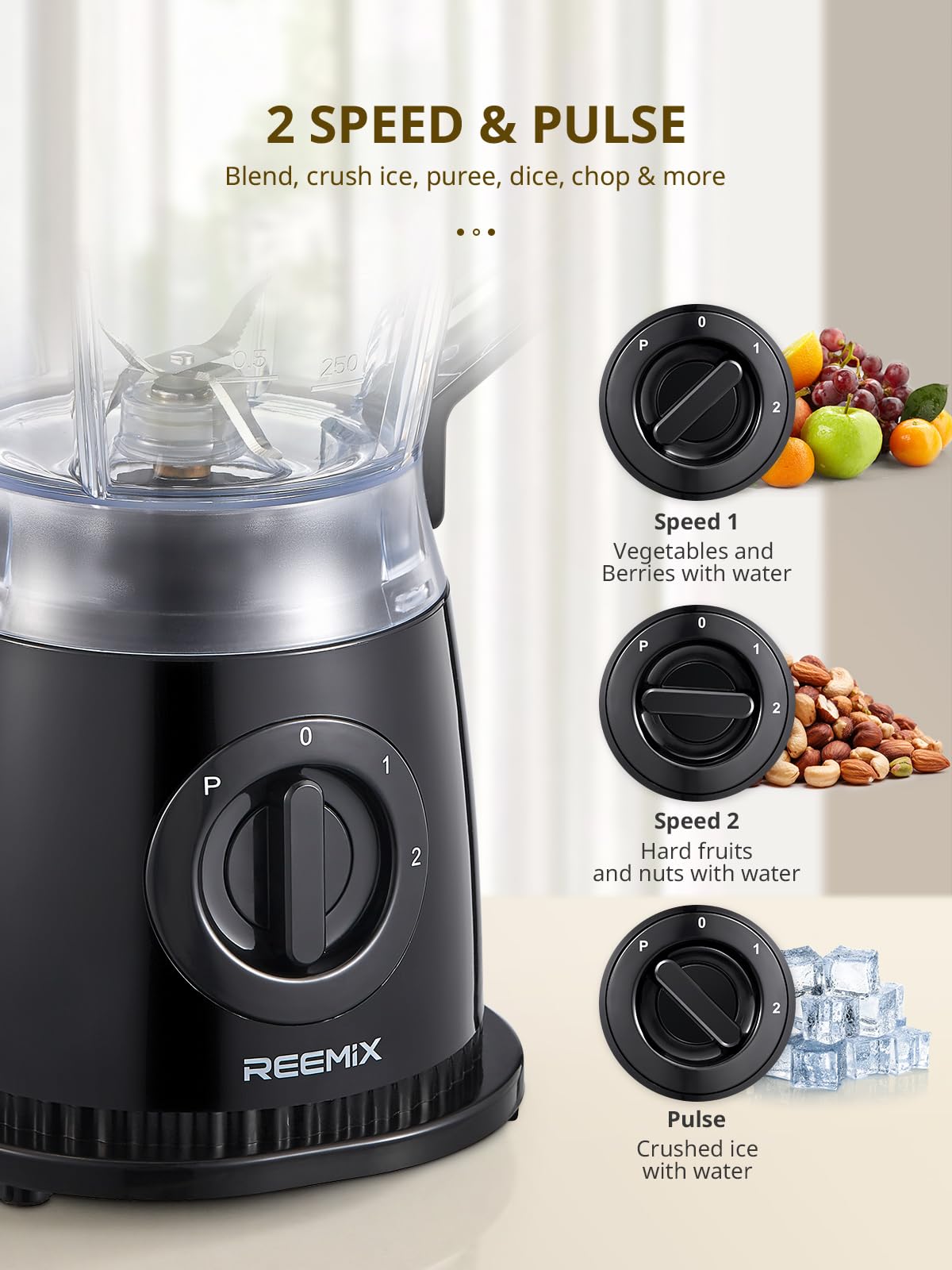 Batidora de 500 W, 1,5 L con 2 velocidades y función de pulso, cuchillo de acero inoxidable, tapa extraíble con vaso medidor, vaso mezclador apto para lavavajillas para batidos y batidos