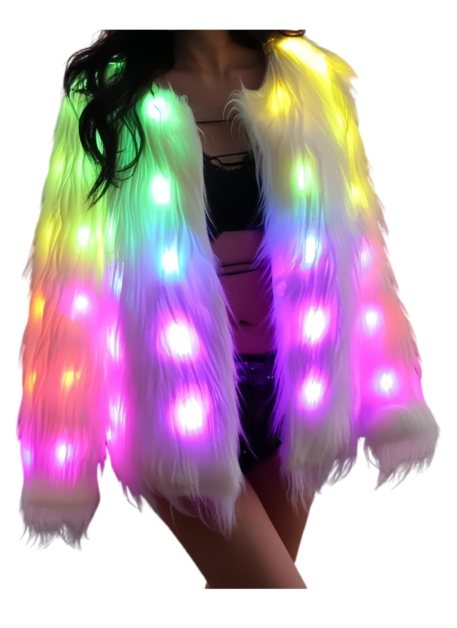 SHINYOU Women Faux Fur Jacket LED Light Up Jacket Halloween Chirstmas Music Festival Gift Winter Night Out Coat Plus Size