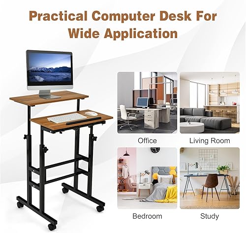 Miniatura 26 de COSTWAY Escritorio móvil de pie, carrito de computadora portátil con ruedas ajustable en altura con escritorio inclinable para estar de pie o