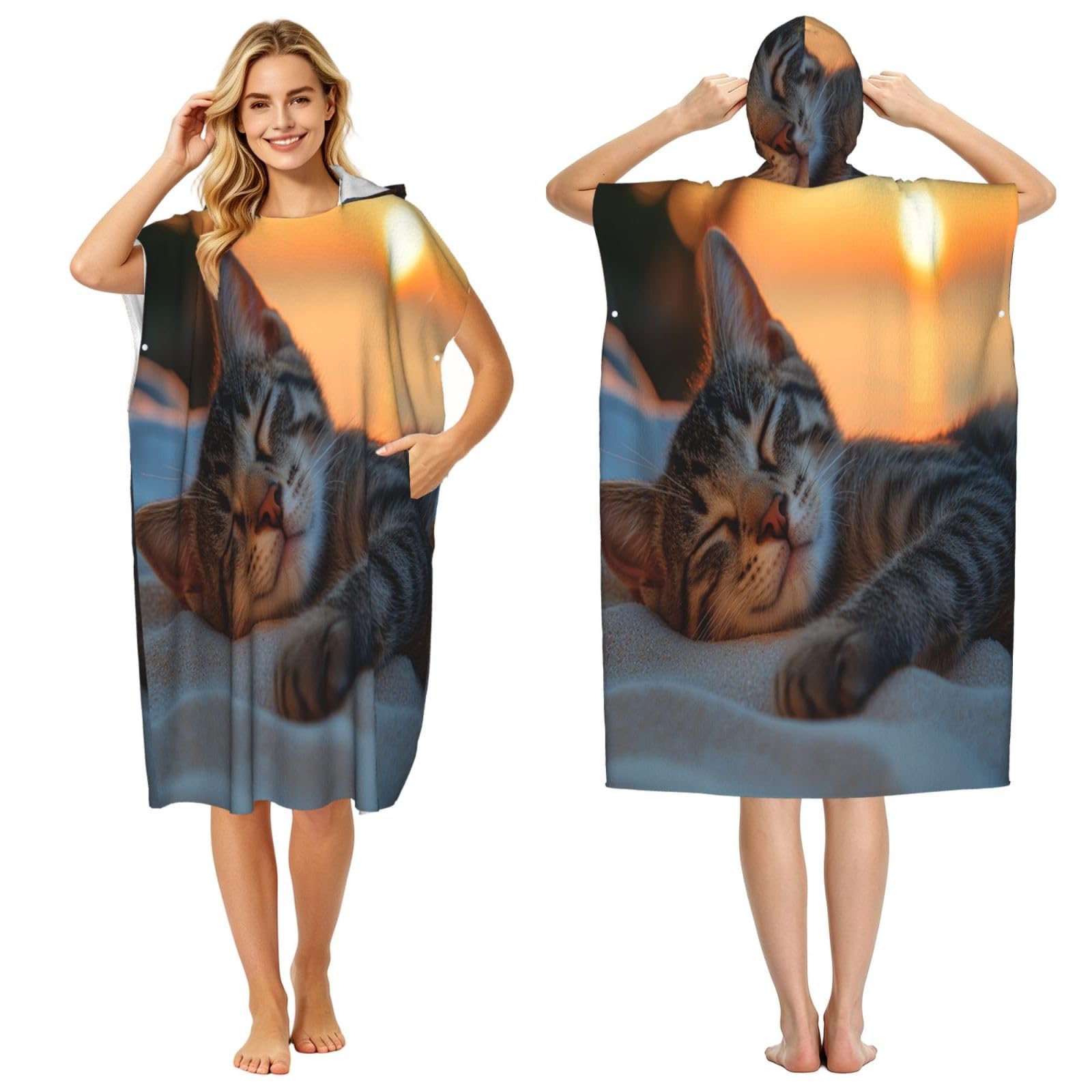 DTHKJNLSF Sleeping Cats In The Desert Adult Hooded Beach Poncho Towel