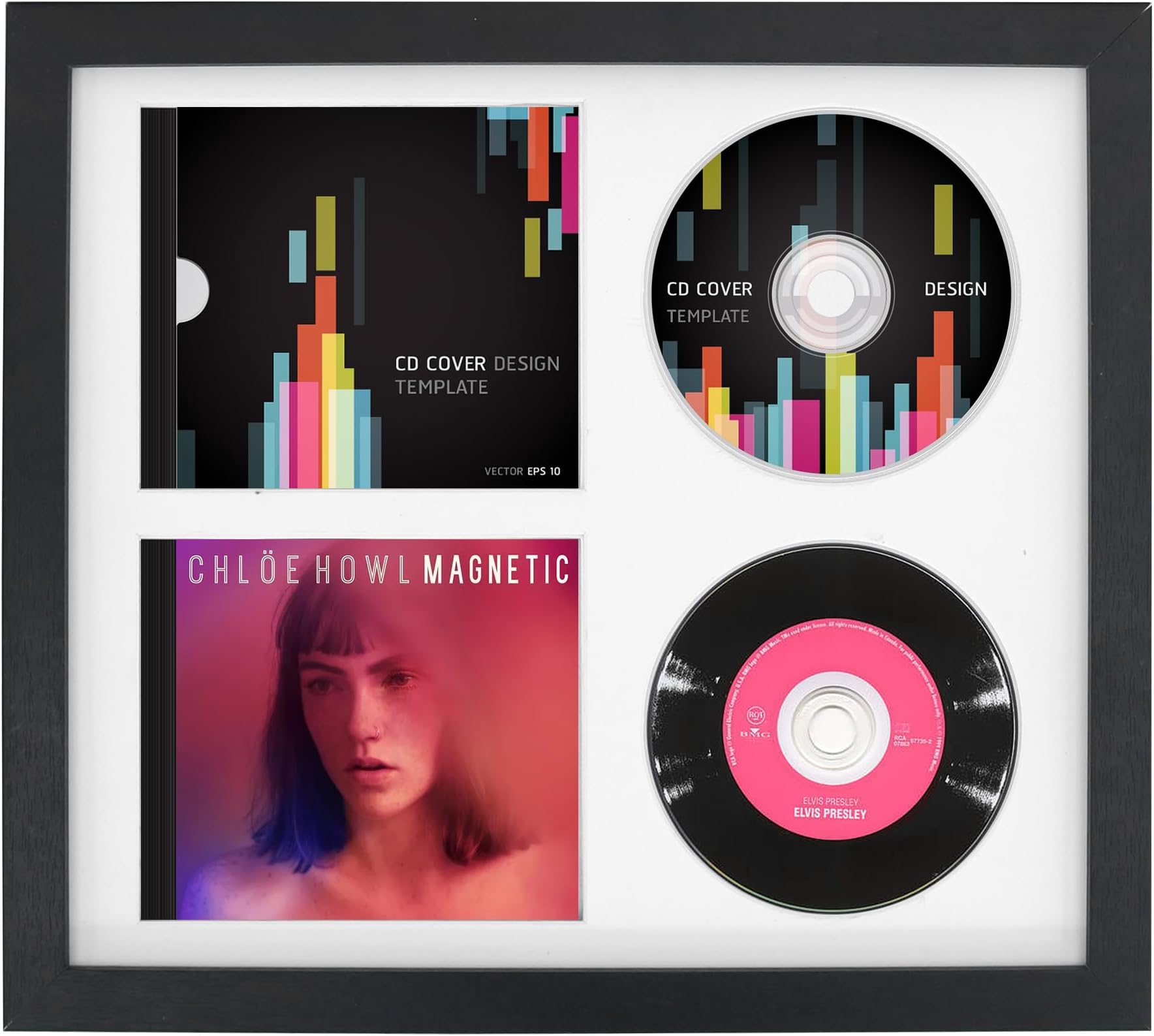 Double CD Music Frame Display Case Display 36 x 32.5 cm Disc and CD Box Real Glass with EVA Foam and Table Top Stand Solid Wood White
