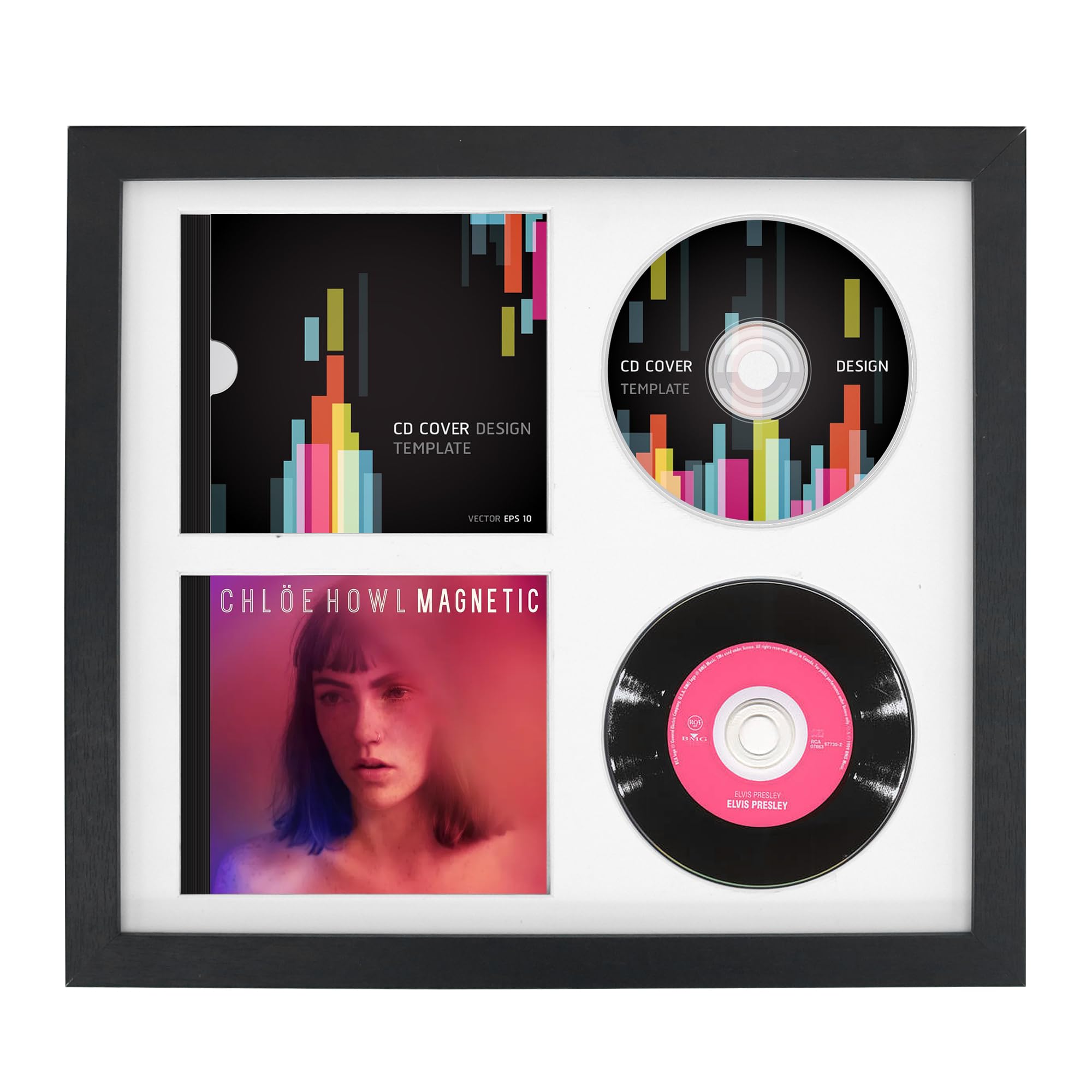 FramePro Cornice Doppio Display CD 36,1 cm x 32,5 cm, Supporto per Dischi Vinile Firmato con Vetro Reale, Decorazione Musicale da Parete, Bianco Opaco