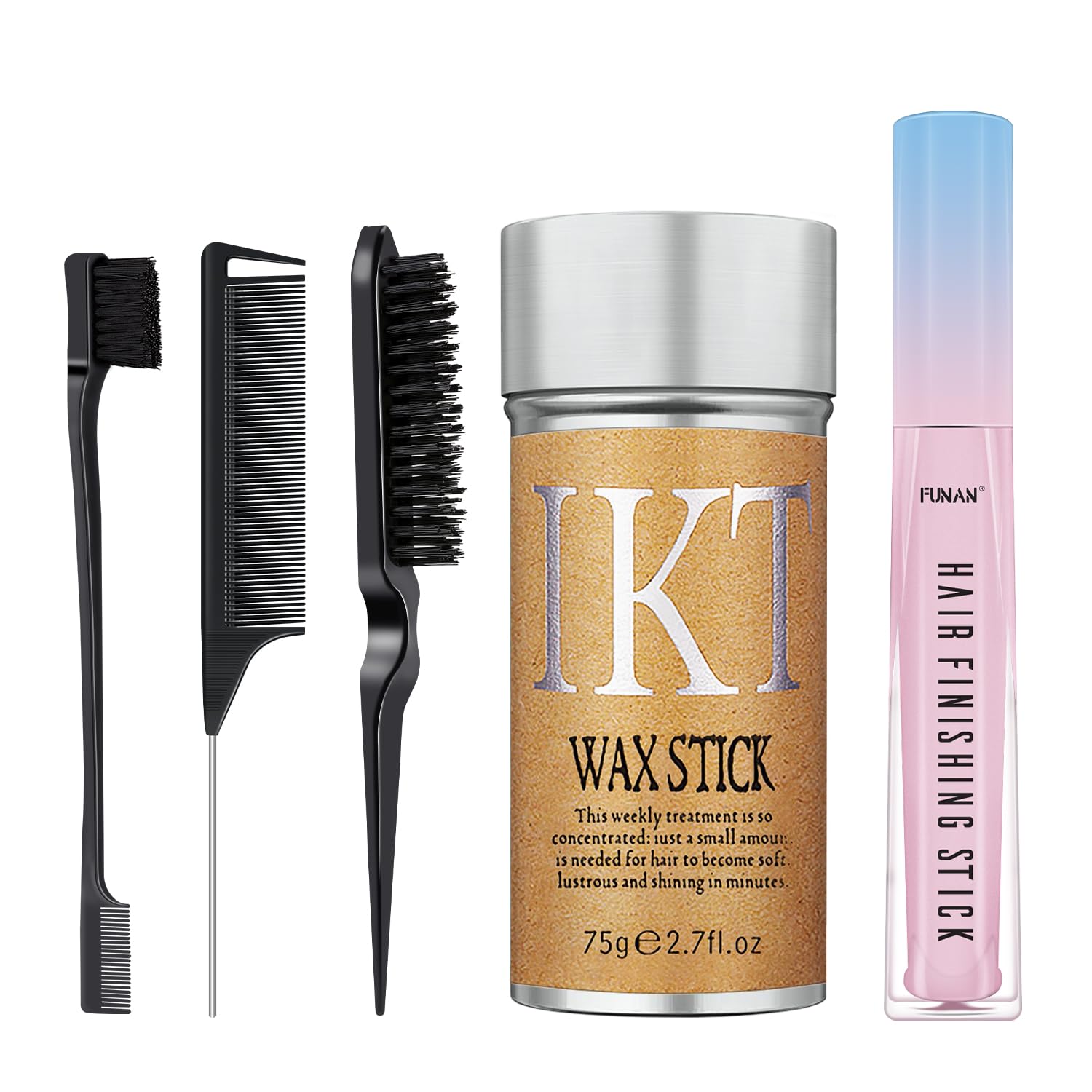 5 Packs Set Hair Wax Stick，Hair Finishing Stick and Edge Brush Rat Tail Comb Bristle Hair Brush，Slick Stick for Hair Non-greasy Styling Hair Pomade Stick，Hair Bun Hair Accessories for Women Grils