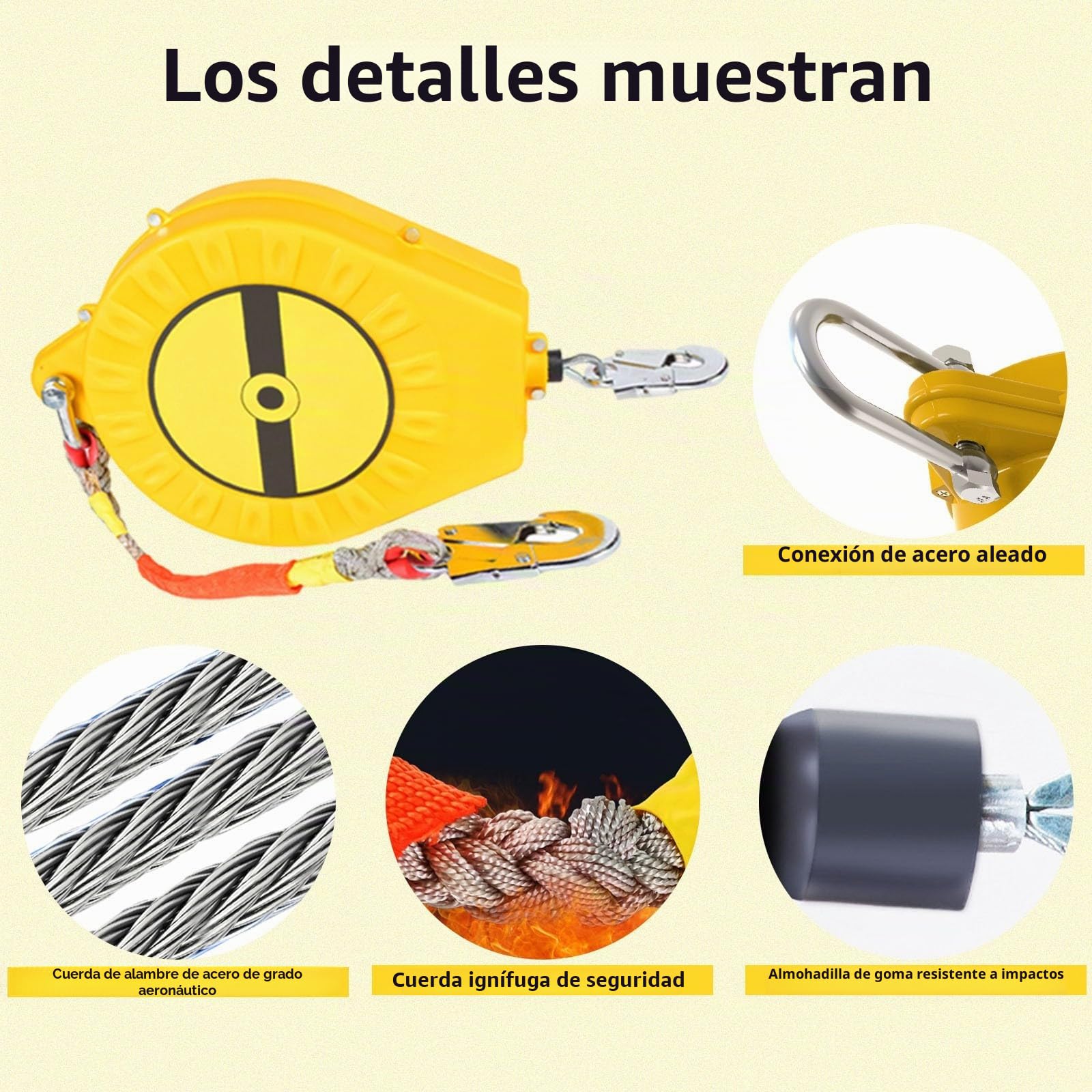 Dispositivo Anticaídas Retráctil 3-20m, Verde/Amarillo Línea de Vida Retráctil Portátil, Profesión Equipos Anticaidas Retractil Seguridad para Trabajos Aéreos, Carga Máxima:150kg(Amarillo, 10m)