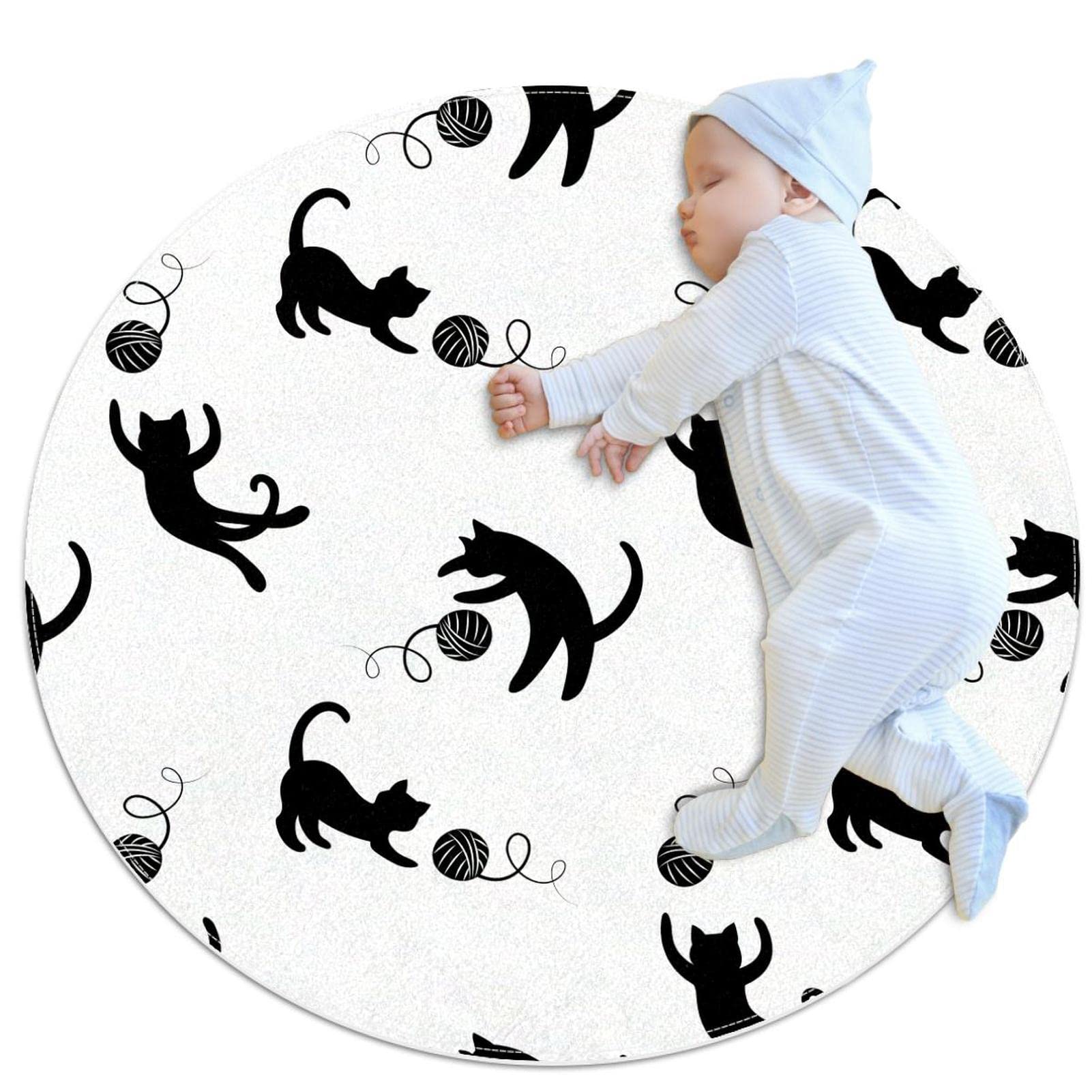 Tapis rond 80x80cm moderne antidérapant avec motif chats et balles pour salon