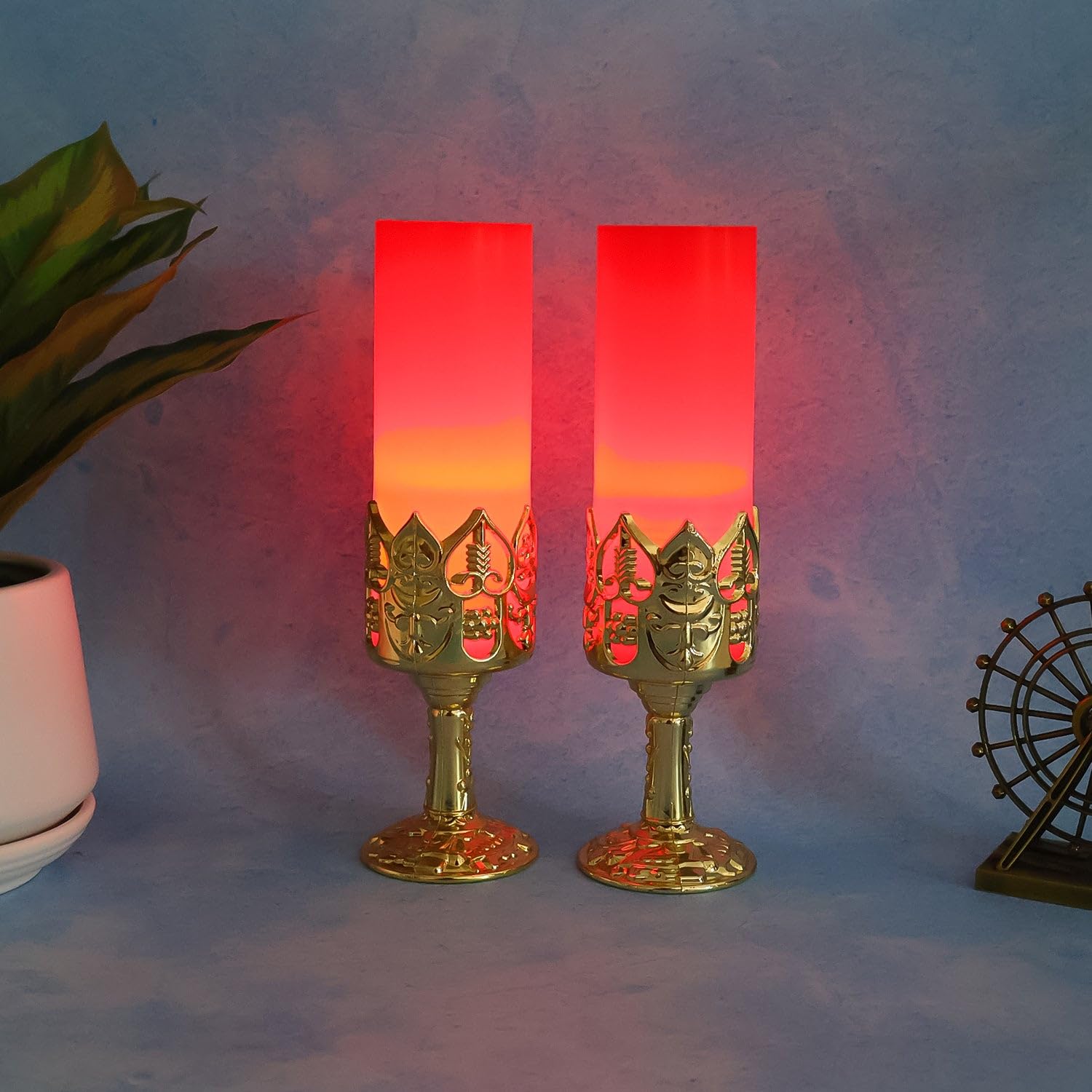 oblivion candle light lamps with golden stand 2 pcs – decorative led battery operated flameless ambient lighting for home décor, festivals, pooja, weddings, romantic dinners and perfect gifting choice