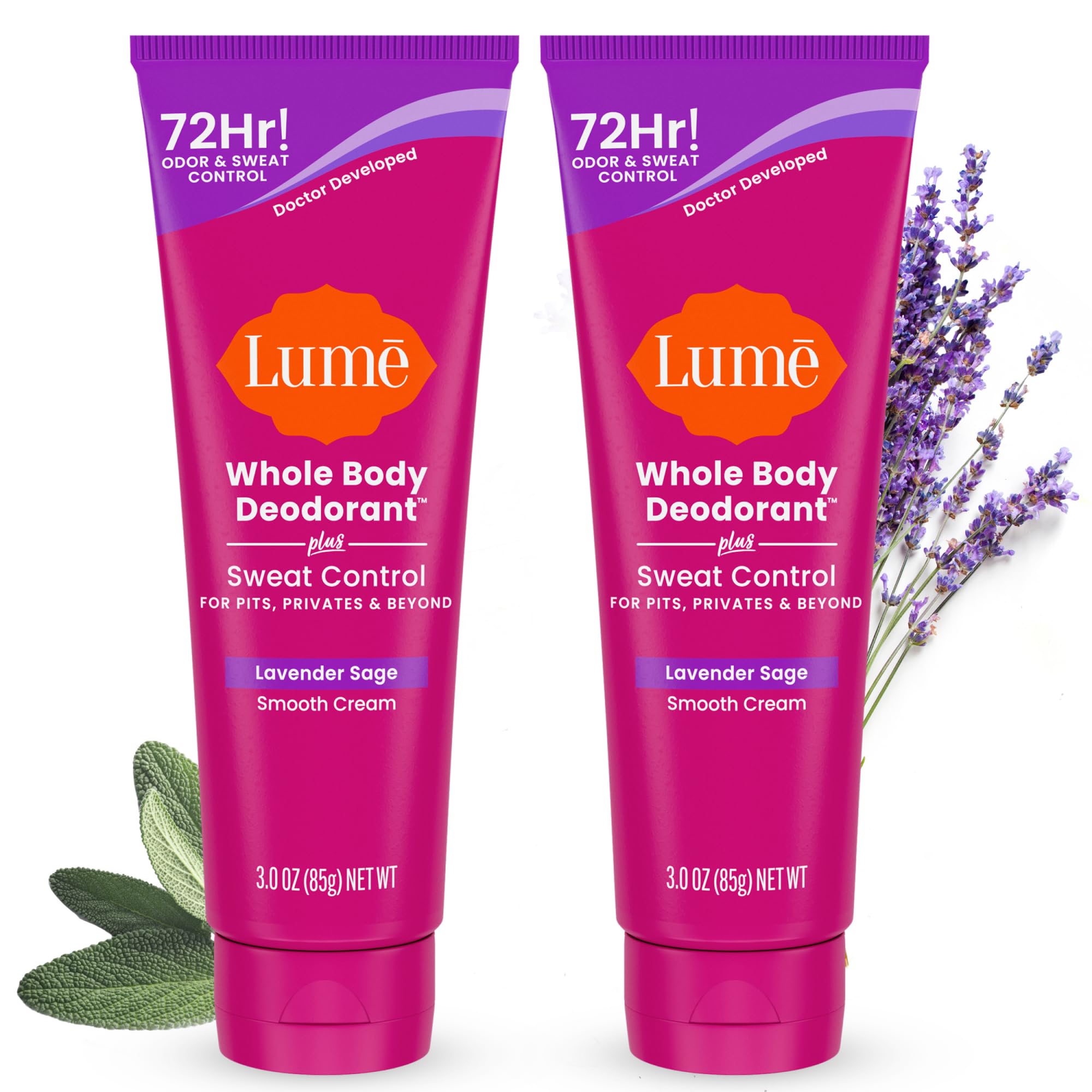Whole Body Deodorant Plus Sweat Control - Smooth Cream Tube - 72 Hour Odor And Sweat Control - Baking Soda Free, Skin Loving - 3.0 ounce (Pack of 2) (Lavender Sage)