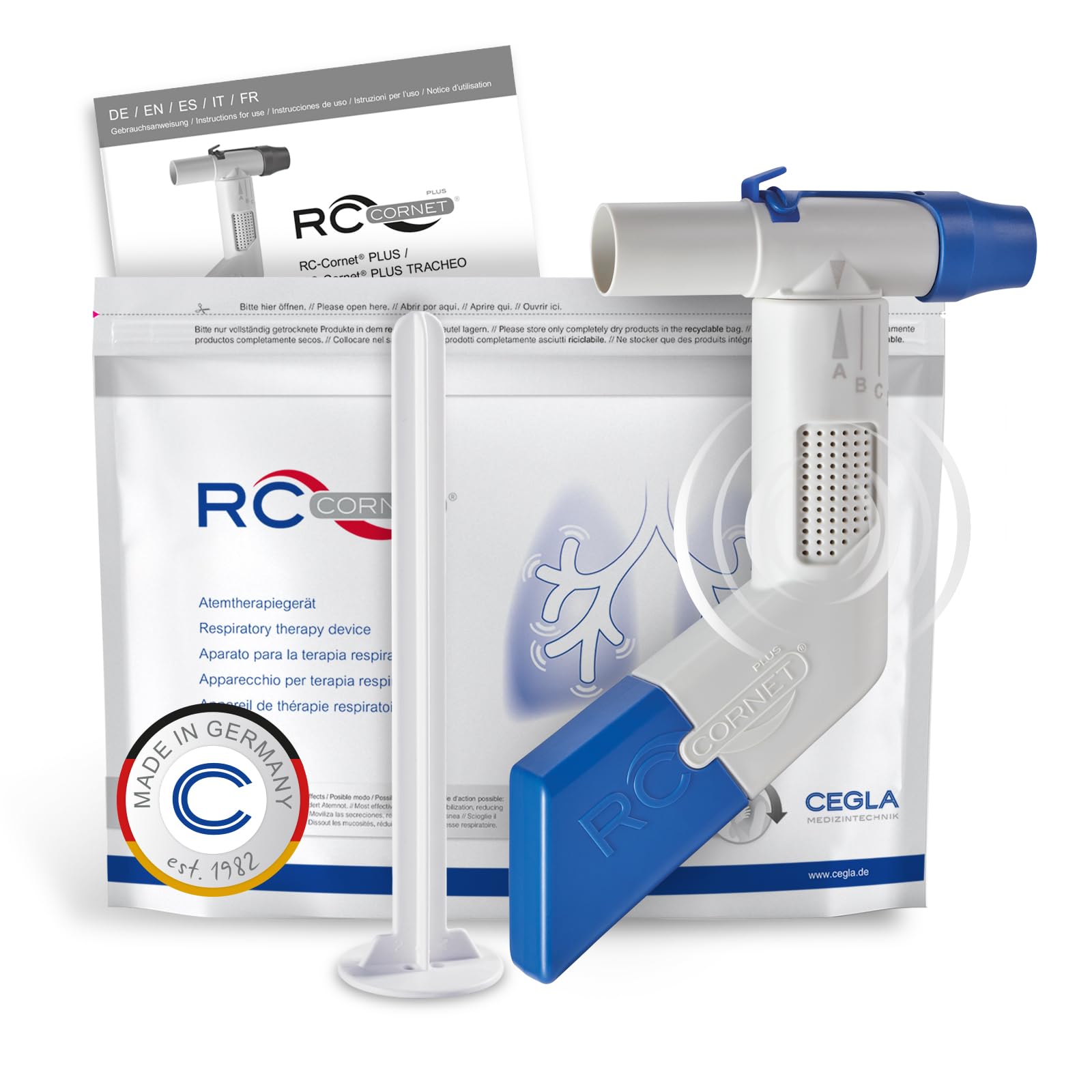 CEGLA RC-Cornet PLUS Dispositivo per terapia respiratoria, riduce la tosse, scioglie il muco, allevia la dispnea – Con attacco inalatori, libera le vie respiratorie inferiori e agevola la respirazione