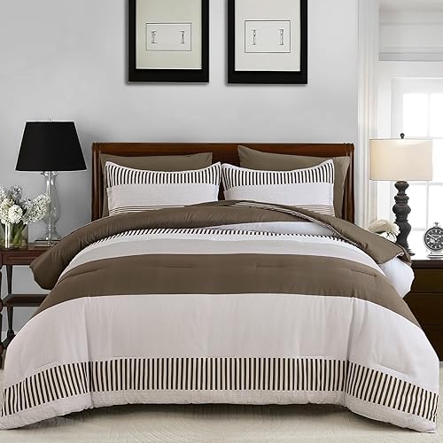 Vista 8 de Juegos de edredón de tamaño completo para dormitorio universitario, juego de edredón a rayas para niños, juego de edredón de estilo neutro simple