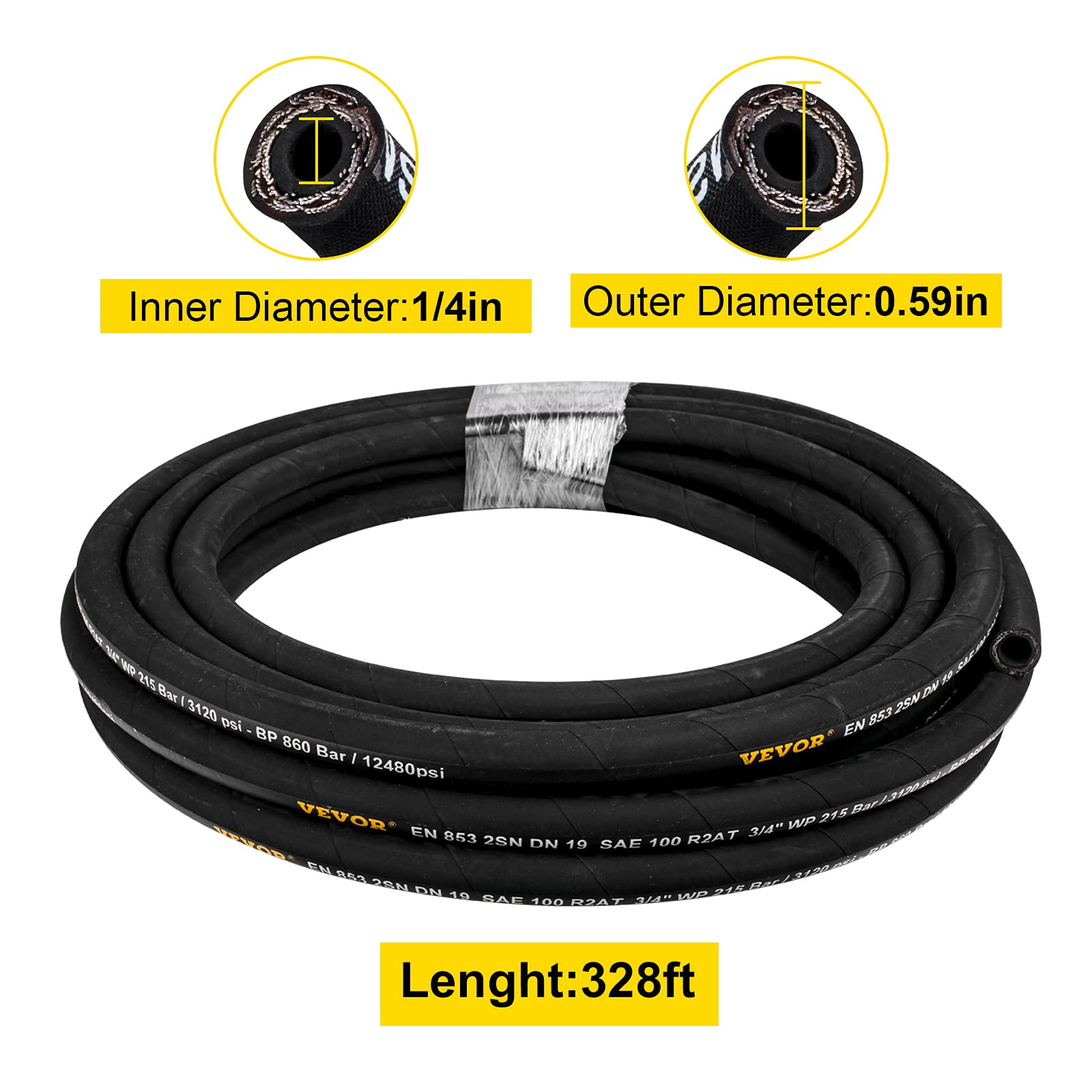 VEVOR Tuyau Hydraulique 1/4" x 100 m, Tuyau d'Essence 5800 PSI, Durite de Carburant en Caoutchouc Résistant avec 2 Tresses en Fil d'Acier, Durite de Carburant -20 à 140 ℃, Transférer Huile Hydraulique