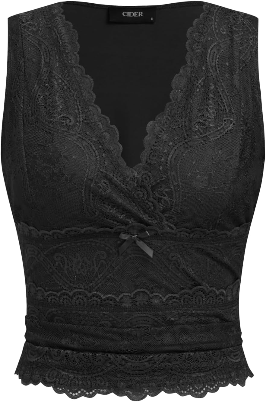 CIDER Lace Crop Tank Tops for Women Summer Going Out Tops V Neck Sleeveless Ruched Y2K Top Date Night Concert Outfits Trendy