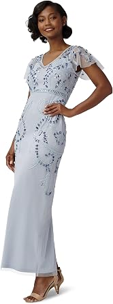 Adrianna Papell Womens Beaded Flutter Gown
