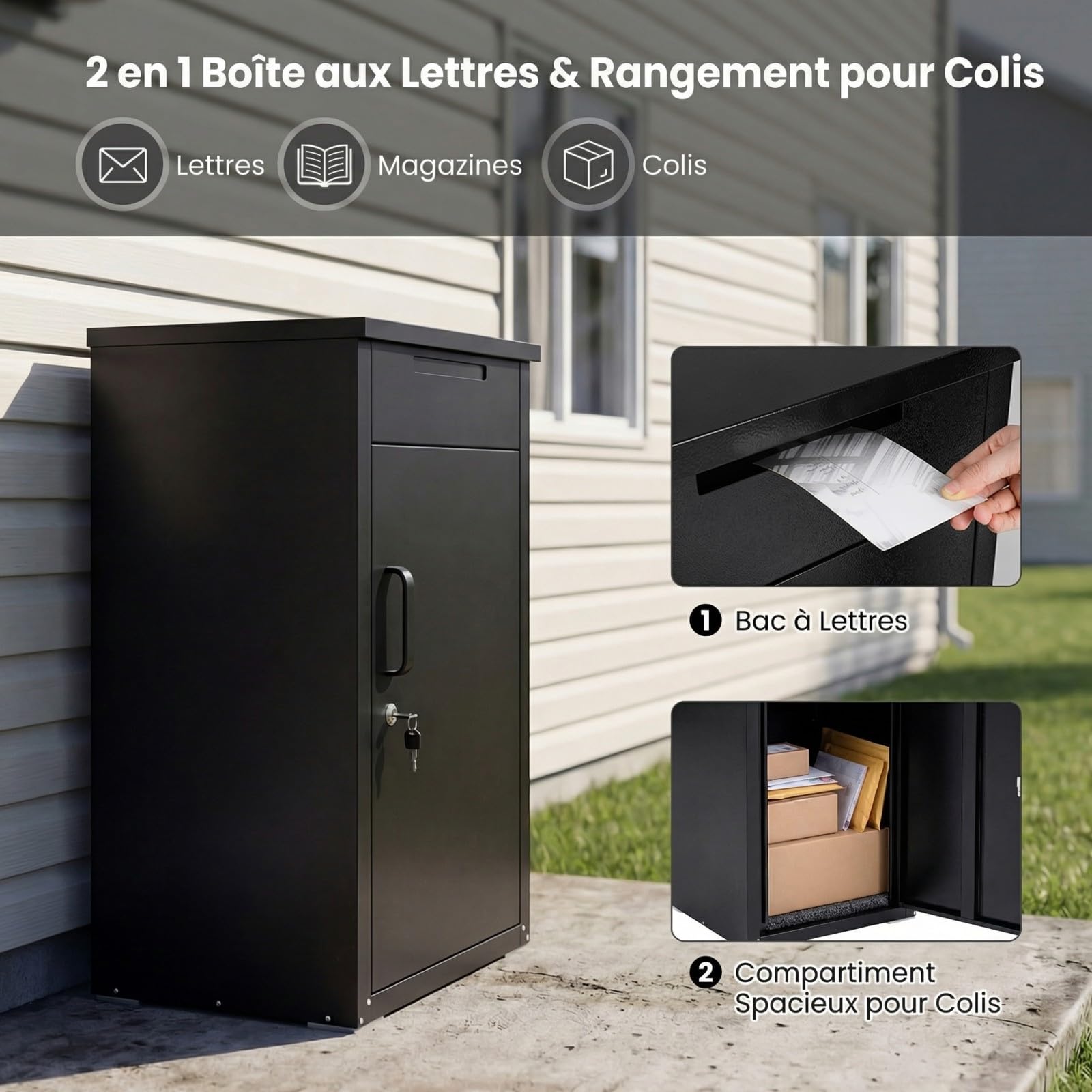 COSTWAY Boîte aux Lettres pour Colis avec Serrure pour l'Extérieur, Grande Boîte de Colis en Acier Galvanisé avec Panneau Antivol Serrure à Code Surface Étanche, pour Maison Véranda
