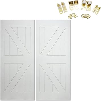 Swinging Cafe Doors Primed Barn Doors 3/4" Thick Saloon Doors with British Brace, Solid Wood, 32" Opening, 42" Height, Ready to Paint, Satin Brass Hinges
