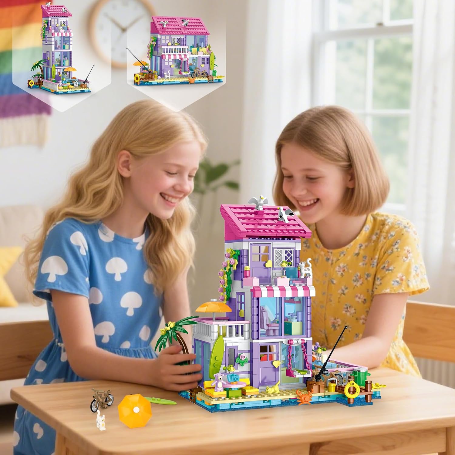 3 in 1 Pink Girls Beach House Building Set with Light, Seaside Villa Friends Building Toys, Compatible with Lego Friends Construction Educational Toy for Adults & 14+ (961 PCS) - Image 5