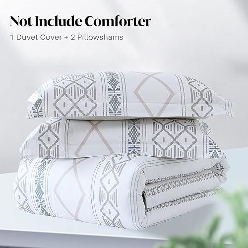 Miniatura 4 de CozyDH Juego de funda de edredón bohemio a rayas grises tamaño Queen, 3 piezas, 100% algodón, ultra suave, transpirable, azteca con lazos de