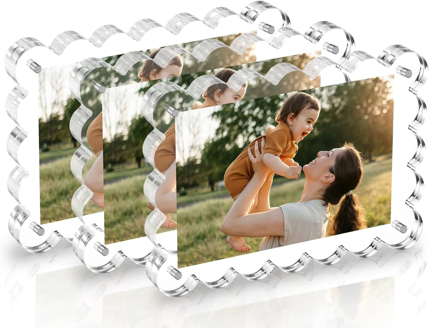 4X6inch Scalloped Picture Frames 3-Pack, Magnetic Picture Frame Acrylic, Double Sided Clear Photo Frames 10+10mm Thick, Scalloped Frame Home Office Decor Free-Standing for Desktop Display