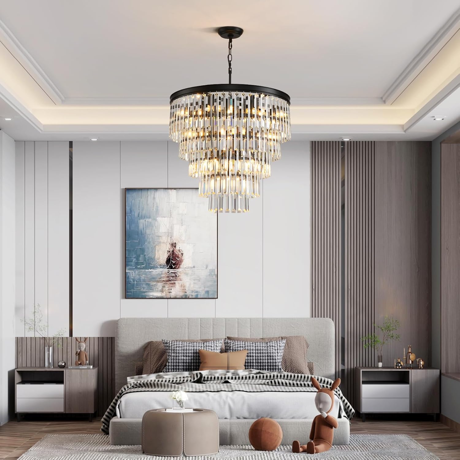 Modern Crystal Chandelier, Black Crystal Ceiling Chandelier Adjustable Ceiling Fixture for Living Room Bedroom, Long Hallway Entrance