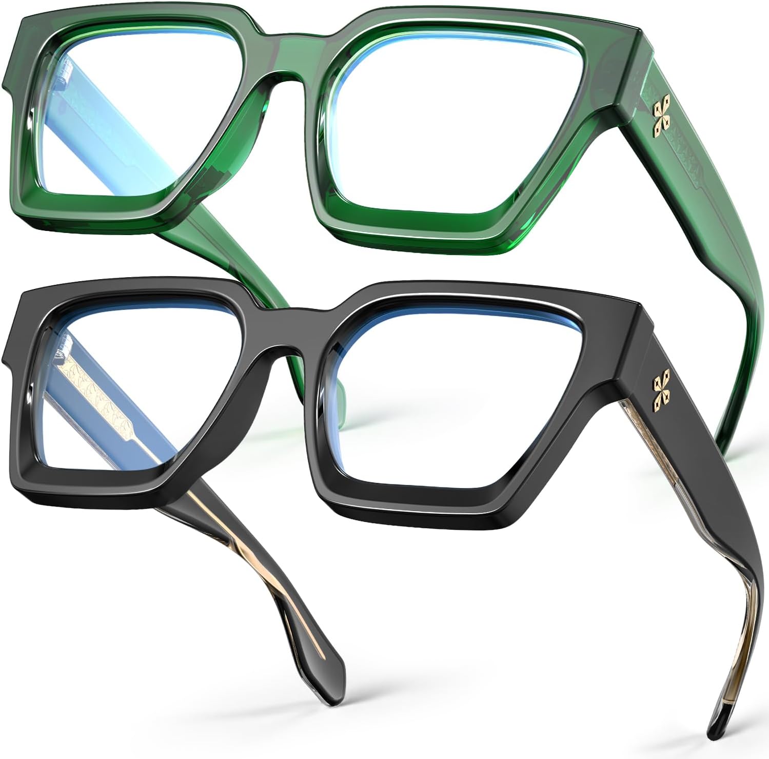 VISOONE - Blue Light Blocking Glasses Rectangle Stylish Multicolor Frame for Women Men RIVER, Black + Basil Green, Medium