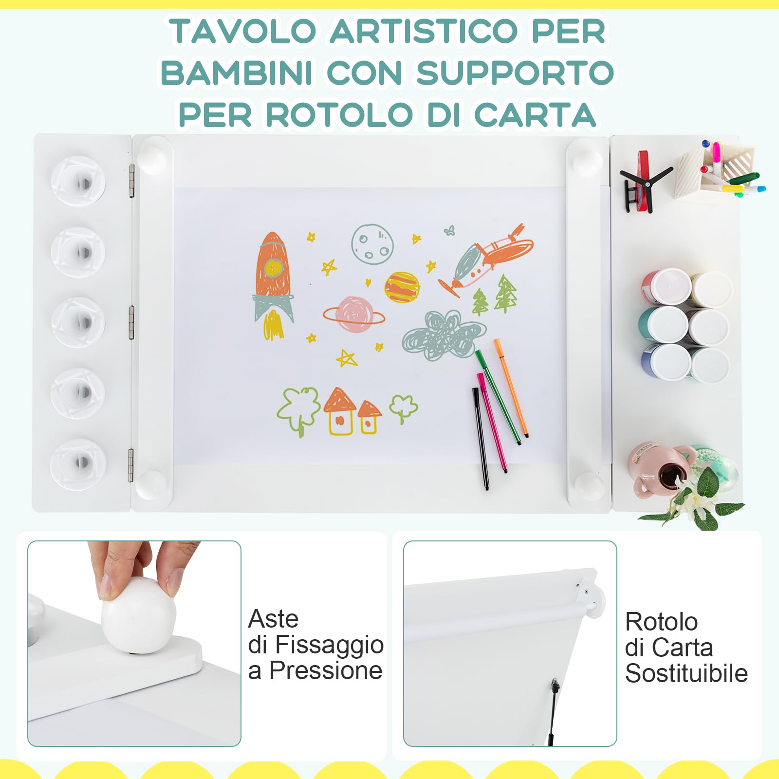 RELAX4LIFE Tavolo D'arte per Bambini con 2 Sedie, Legno, Piano Sollevabile, 6 Cassetti, 4 Tazze Pittura