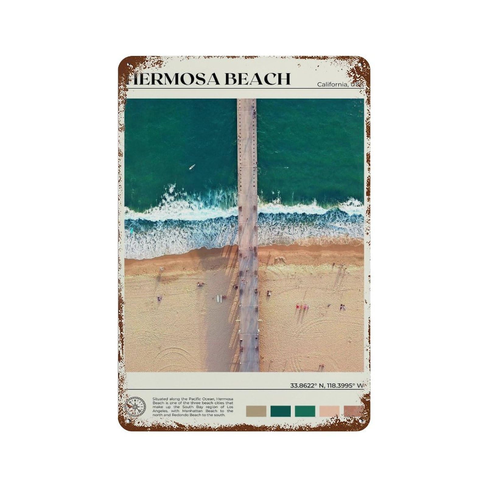 xiaoxiaoshen Real Photo Hermosa Beach Decor California Wall Decor Art Metal Tin Poster Modern Home Decor Art Home Bar Shop Decorations Vintage Sign 30x20cm