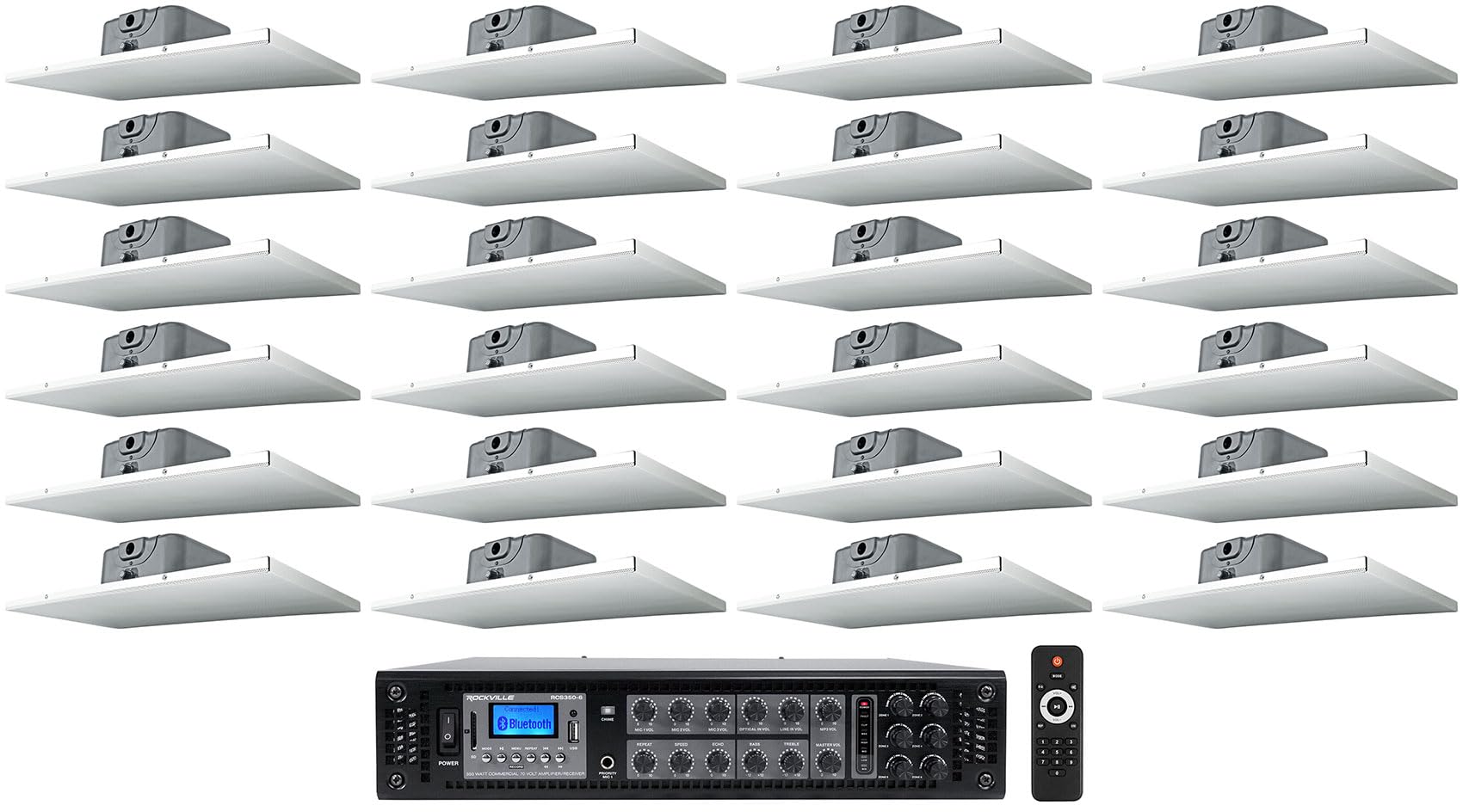 Rockville Office Audio Kit- Amplifier Bundle with (24) 2' X 1' Drop-Ceiling Tile Speakers (25 Items)