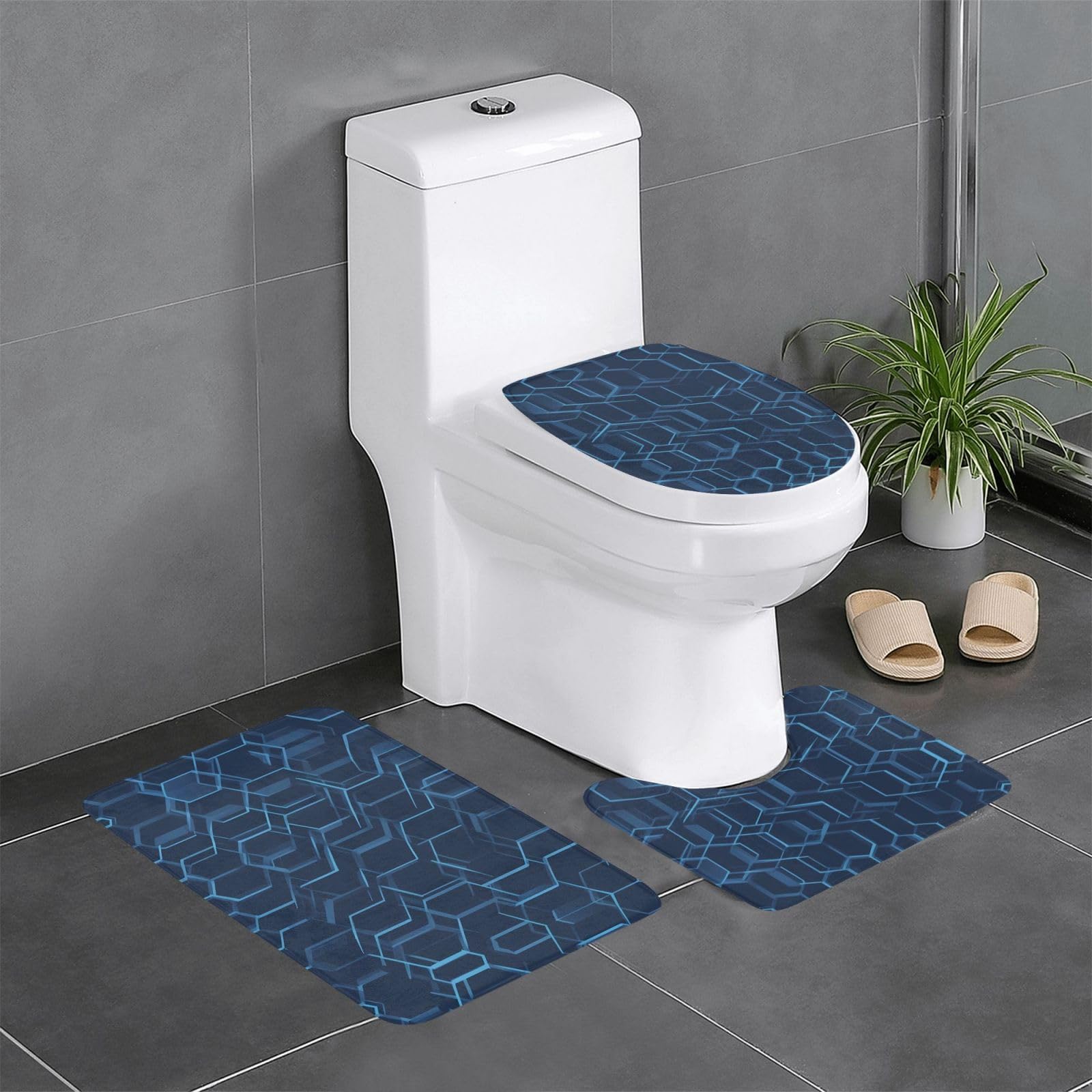 Tapis de salle de bain antidérapants en lot de 3 au design treillis bleu chic