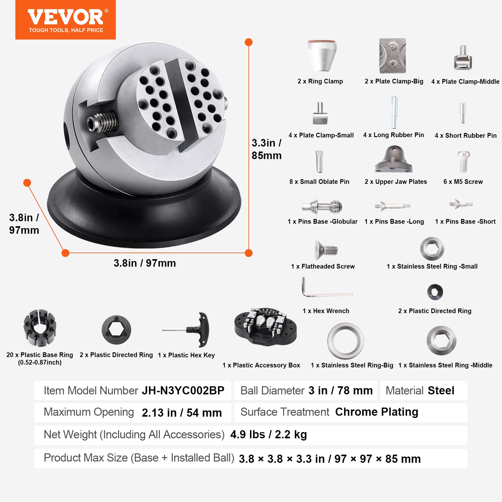 VEVOR Morsa a Sfera, Strumento Impostazione dell'Incisione da 3", Morsa Incisione a Rotazione 360°, Blocco Standard da 70 Pz, Strumenti di Blocco d'Incisione dei Gioielli per Lavorazione dei Gioielli