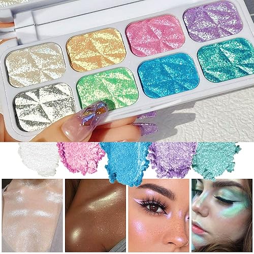 Miniatura 2 de Paleta de maquillaje con 8 colores para la cara y mejillas, paleta de sombra de ojos holográfica multicolor iridiscente iridiscente, paleta de