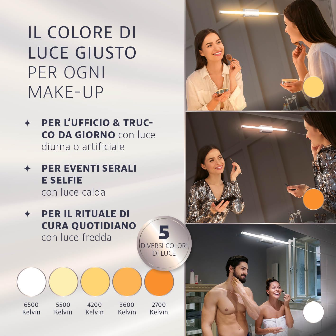 My Beauty Light® Glamour Edition 5-in-1 LED simula la luce del giorno per un make-up radioso | 5 diverse impostazioni di luce, design elegante e cavo in tessuto, facile da fissare
