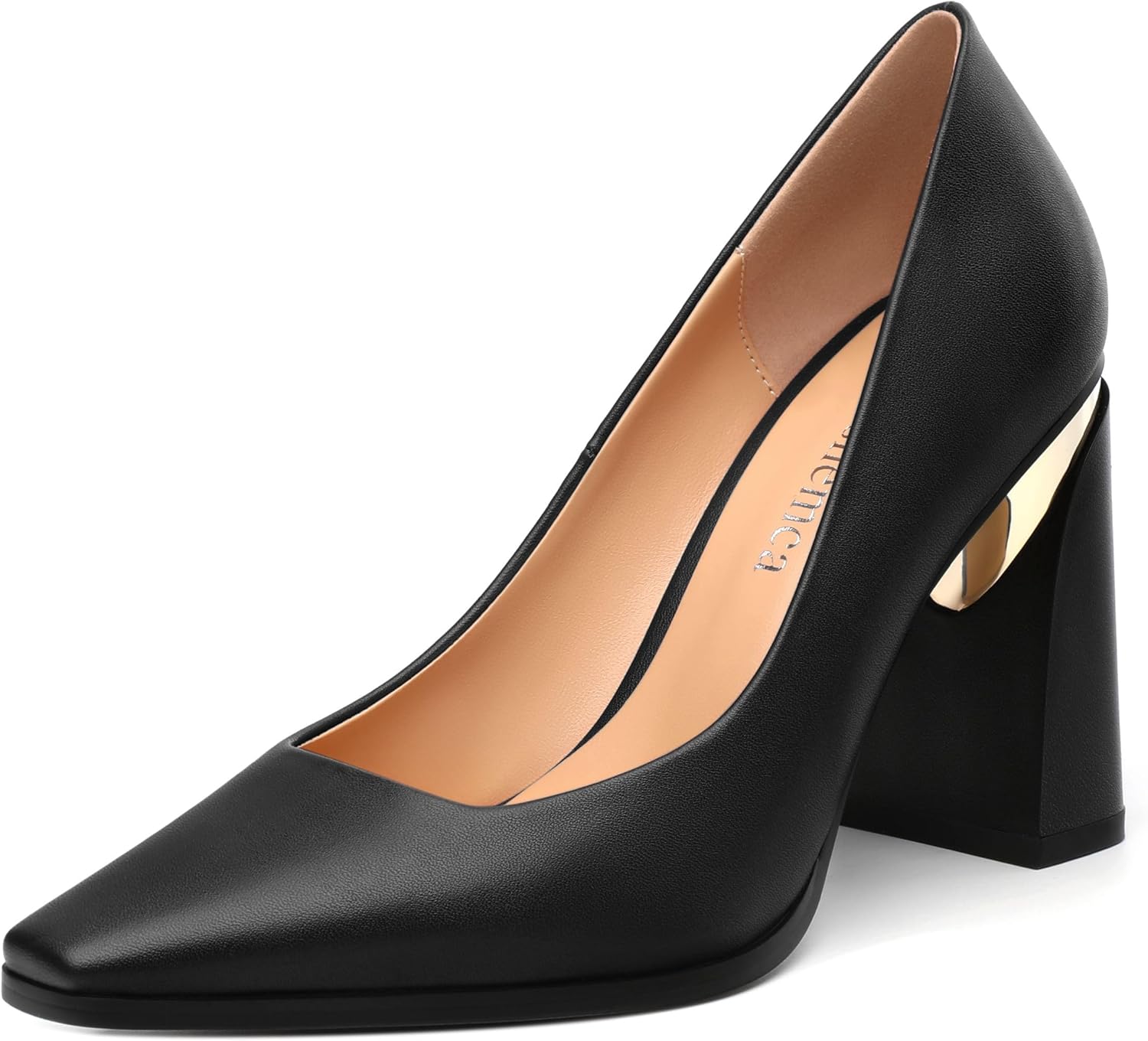 Womens High Heels,Patent Closed Square Toe Slip on Chunky Block Pumps,Elegant Heels,Daily Wedding Party Dress Shoes 3.5IN