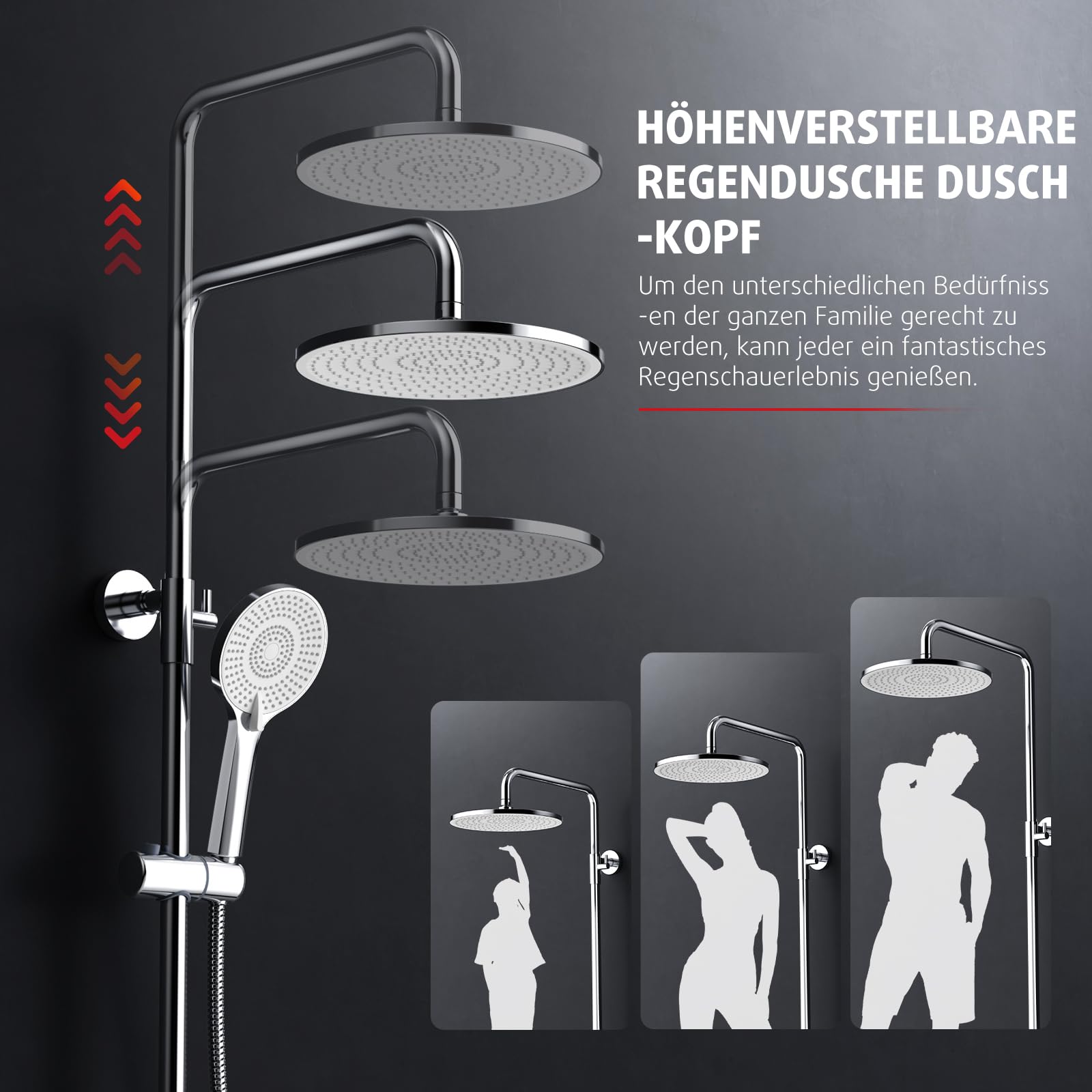 Rainsworth Duschsystem mit Armatur Chrom, Regendusche mit Armatur aus Messing, 25 cm Regendusche, 3 Strahlarten Duschkopf, Duscharmatur Komplettset, Duschset