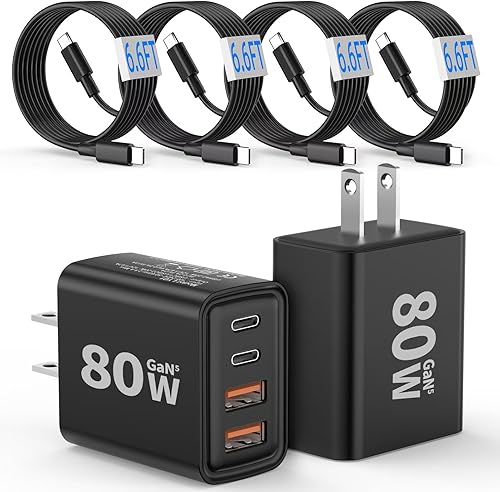 Paquete de 2 Cargador de pared USB C, bloque de carga rápida de 80 W, 4 puertos tipo C, enchufe de pared multipuerto USBC PD20W y QC20W GaN con