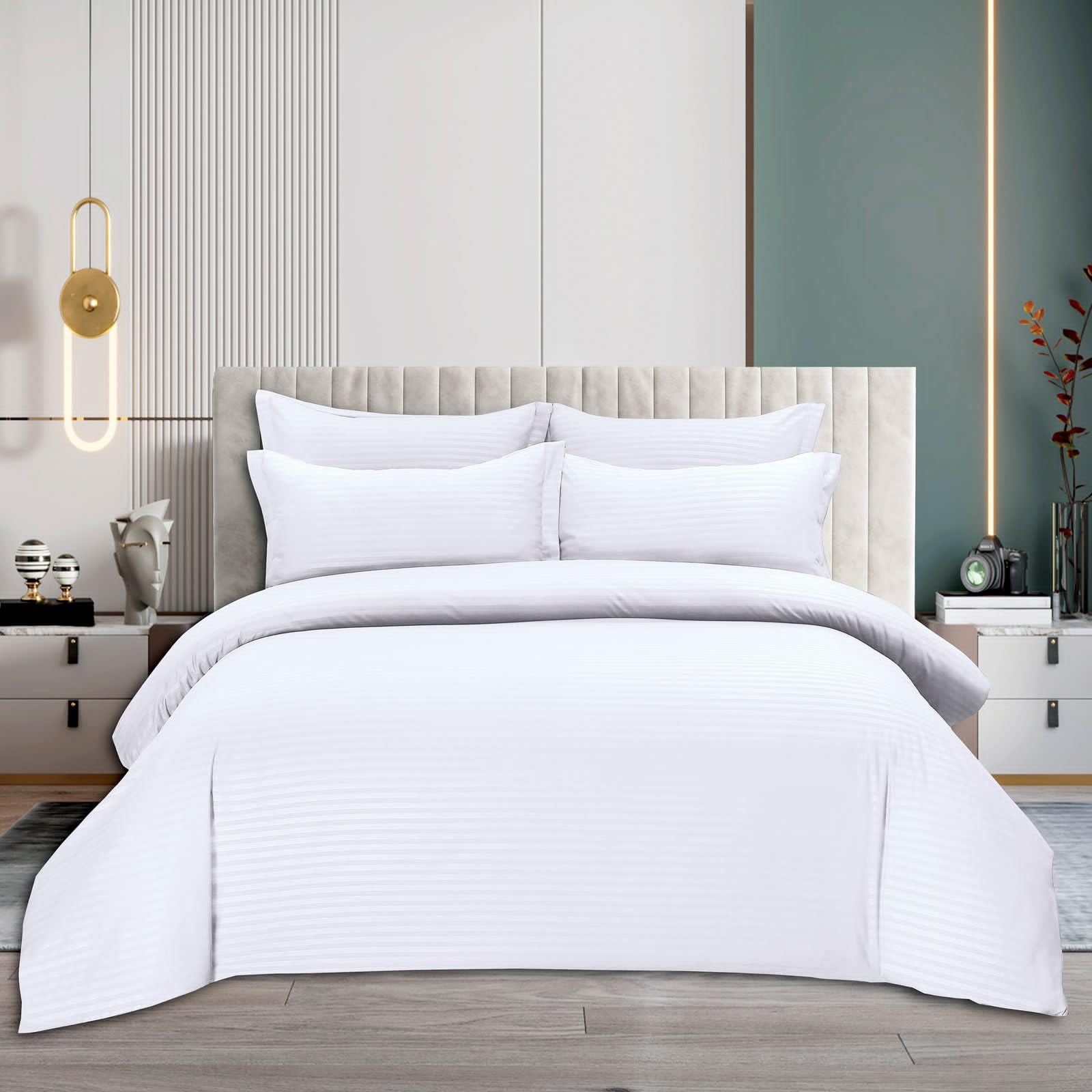 King Size 6 Pieces Bed Duvet Cover Set,Comforter cover Set includes 1 Cotton Duvet Cover 220x240cm (Without Filling) 1 Fitted Bed Sheet 200x200+30cm -4 Pillow Cases 50x75+10cm(White Striped)