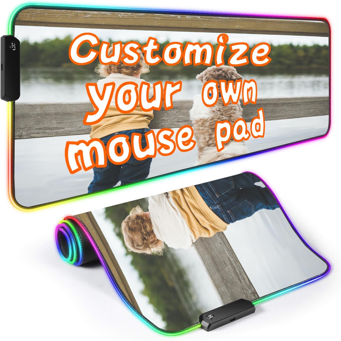 Custom RGB Mouse Pad with Photo Image Text, Personalized Extended Gaming Mousepad, Personalize Large Mouse Mat, Customized Desk Mat, Waterproof Skid Proof DIY keyboard Mat, XXL 90x40cm, 15.7x35.4 inch